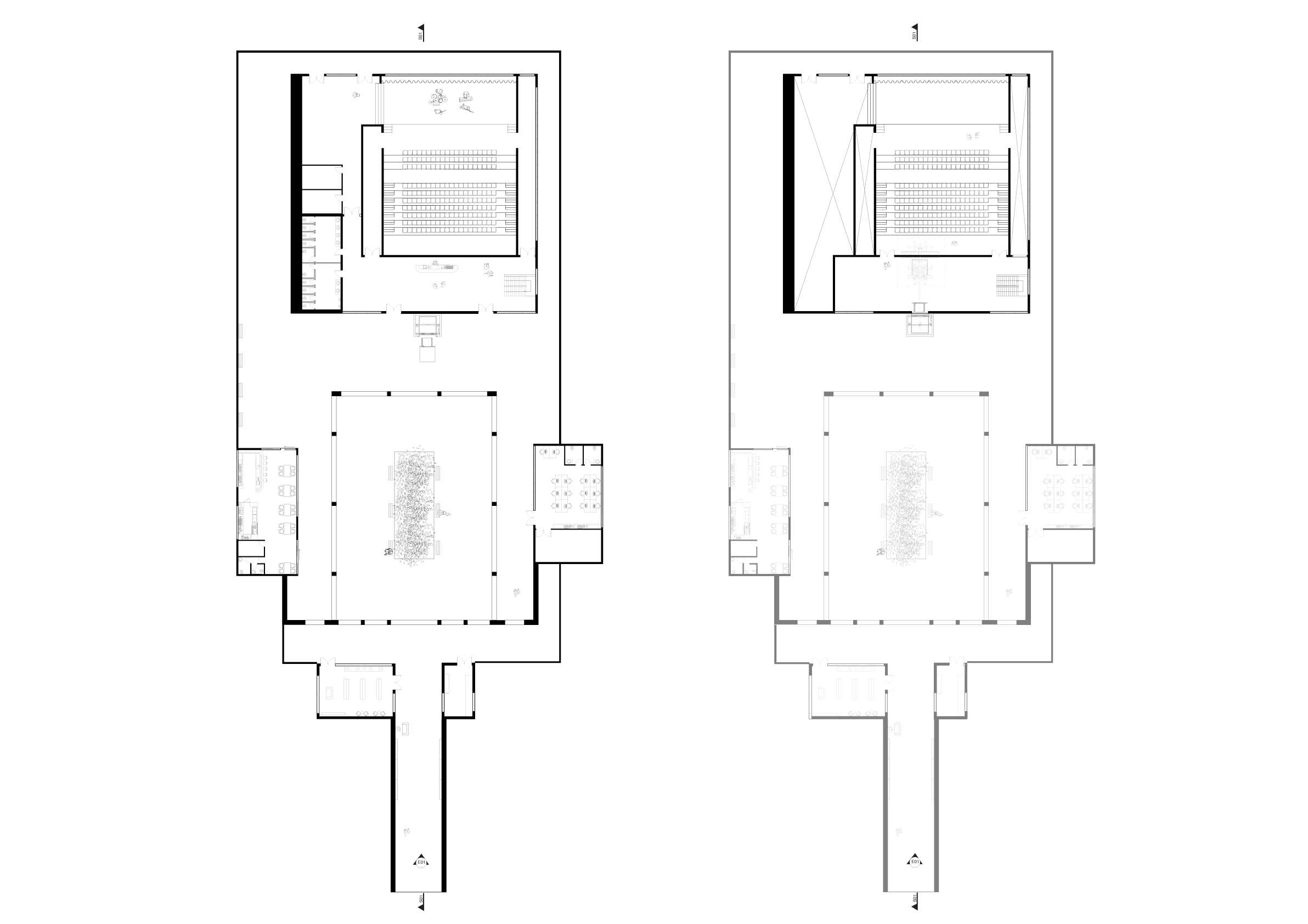 The floor plans illustrate the spatial arrangement of Radar Revue, showcasing layered pathways, a central open-air courtyard and a performance area. The layout emphasises connection and discovery within the theatre space.