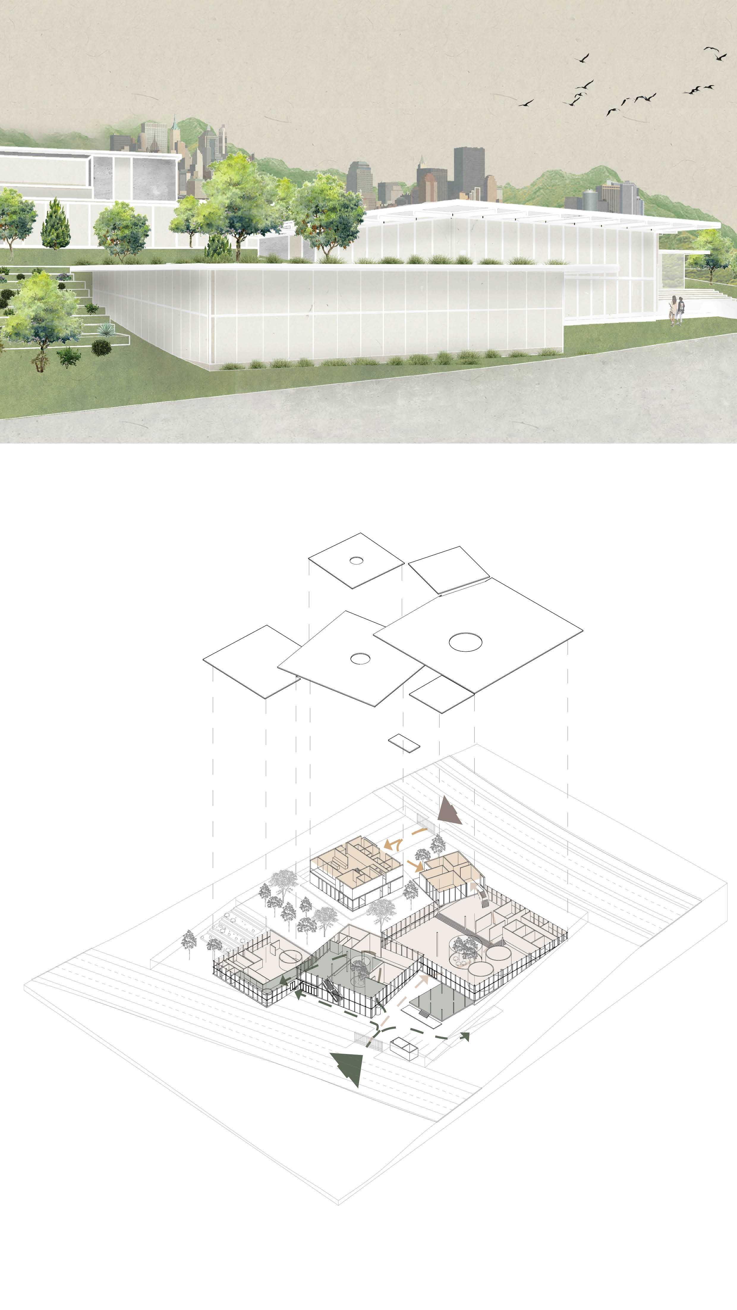 Each box massings have a particular function within the embassy (e.g., consular, cultural or social, office), and their varying orientations help to distinguish these functions while maintaining visual and symbolic coherence.