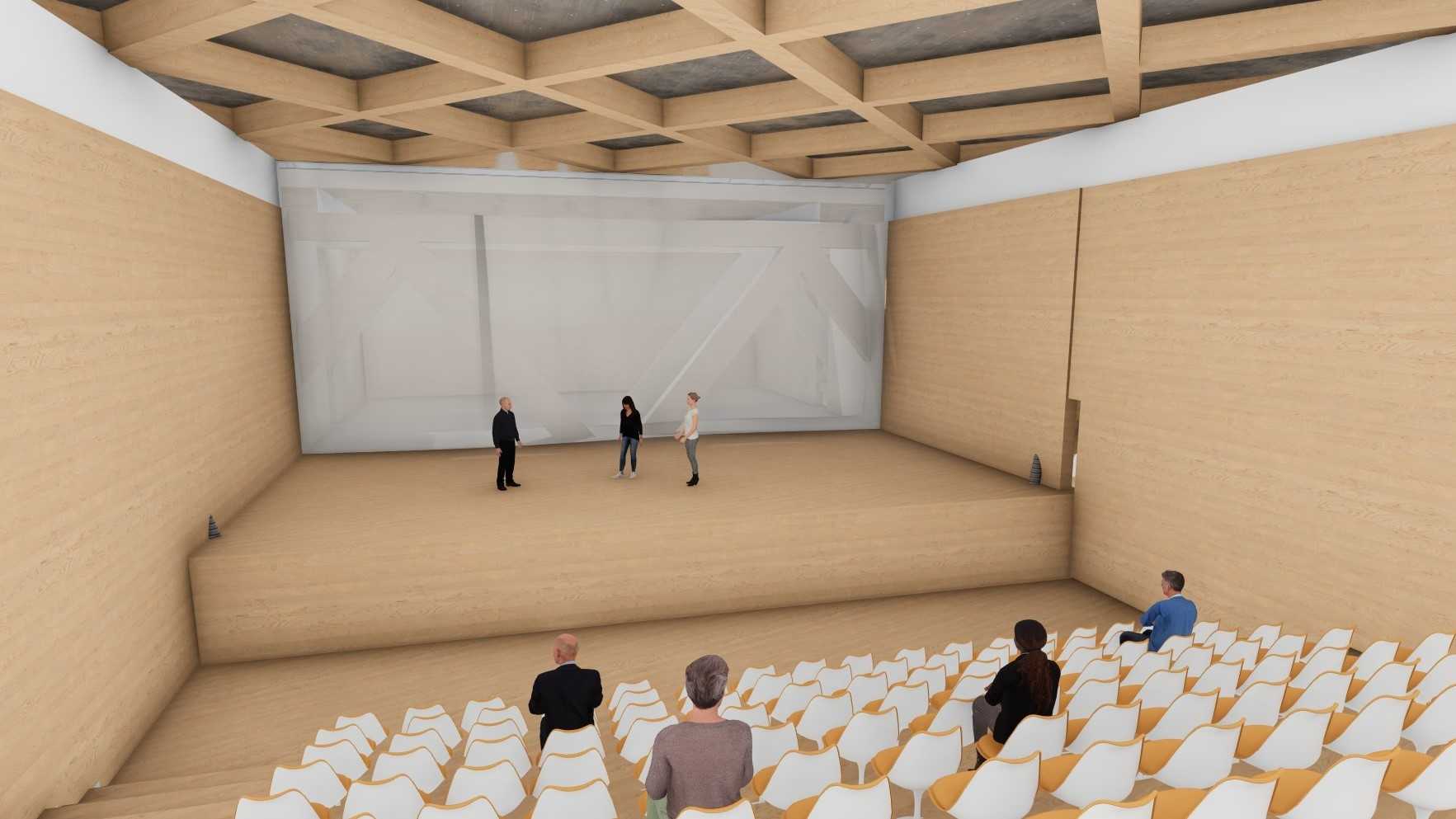 The large theatre stage is separated by only curtains, allowing the backstage to be revealed at any time - or light to enter, illuminating the space between.