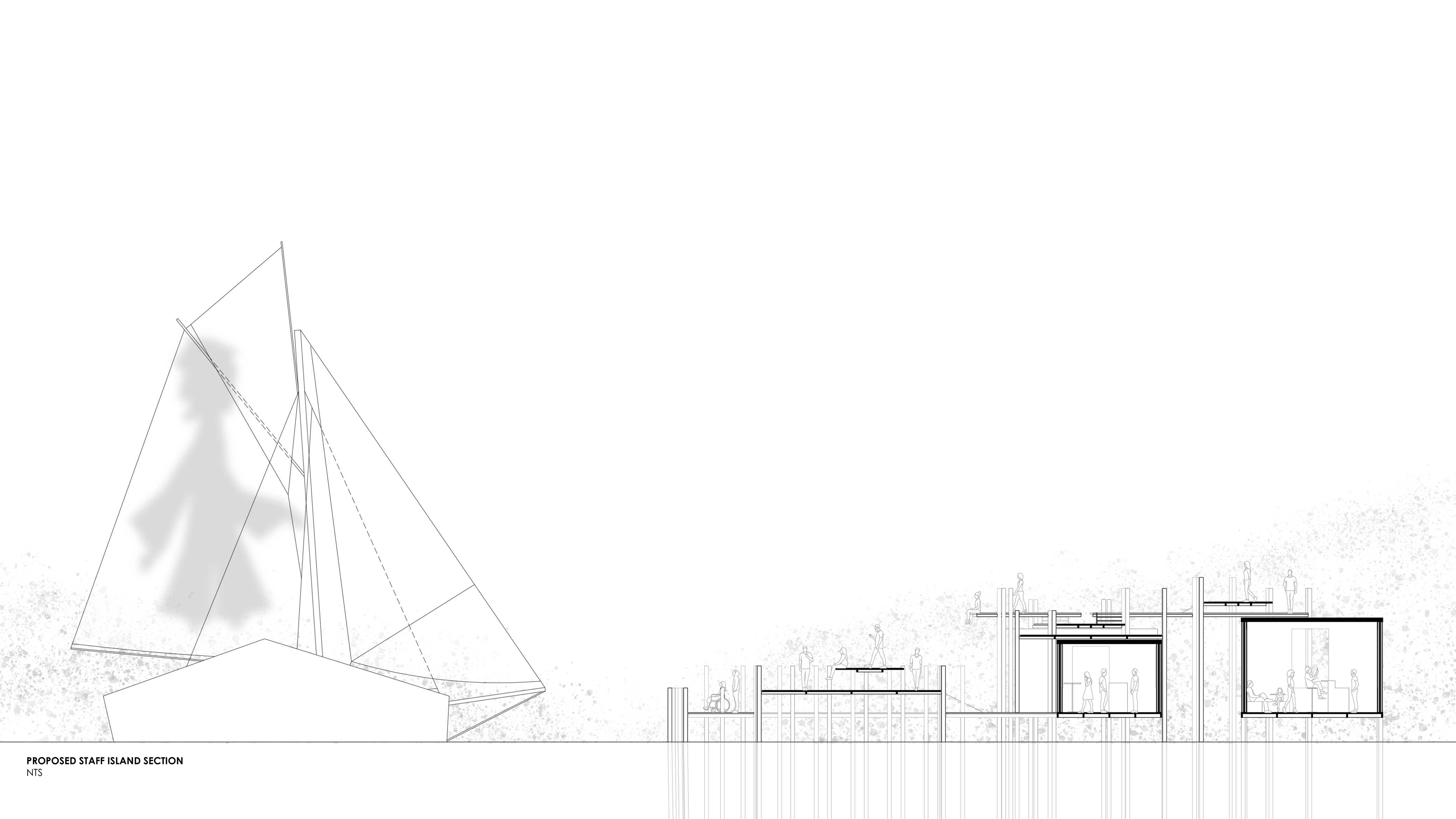 A section view of Spectators Island showcases tiered seating, providing audiences with both close-up and distant perspectives of performances. This layout ensures clear visibility, immersing spectators in the theatre’s dynamic waterfront experience.