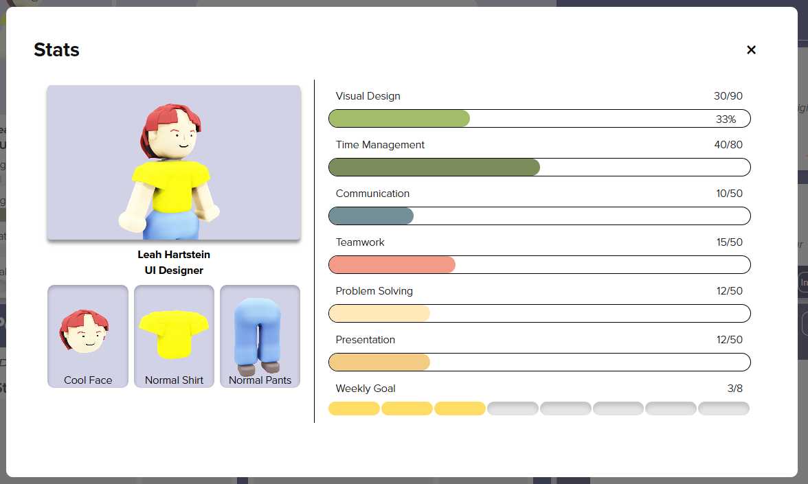 As users progress through their portfolios, they earn points for their 'stats', representing soft skills, and can customise their avatar.