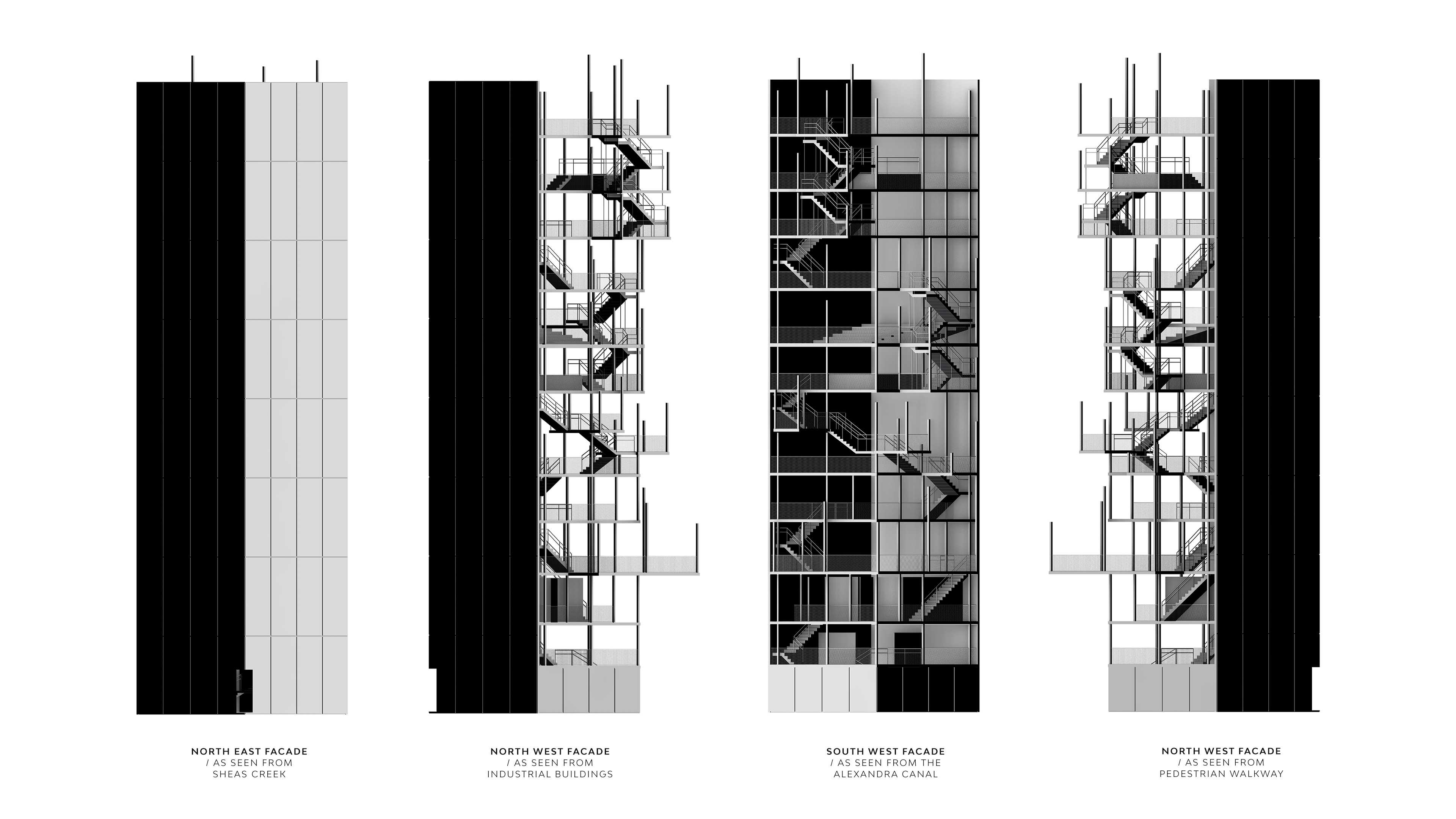 The dual façade illustrates the passage from controlled containment to openness, mirroring water’s purification from polluted confinement to ecological clarity.