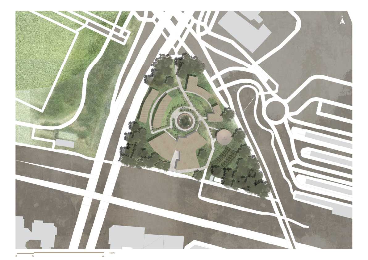 Aerial view of the Blacktown Community Centre, which features a circular layout, green corridors, and sustainable architecture to improve connection and build a harmonious relationship with the surrounding urban and natural environments.