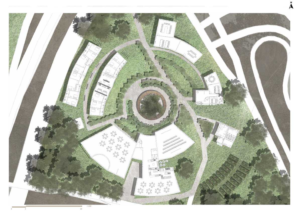 Floor plan illustrating the circular arrangement of community and co-living spaces, connected through pathways and gardens to promote sustainability, social connection, and immersion in the natural landscape.