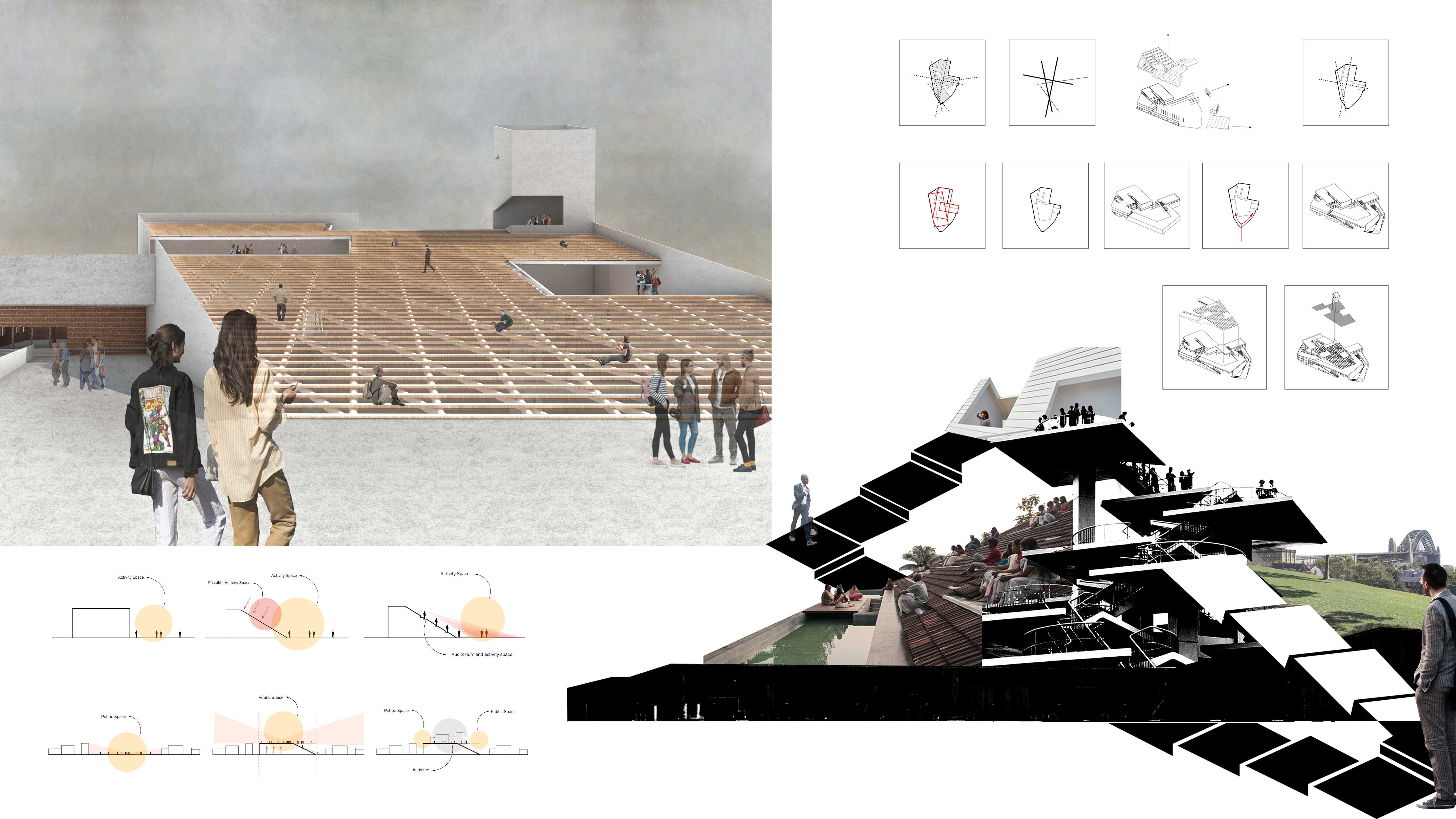 Concept collage, roof space rendering, form generation and roof platform analysis