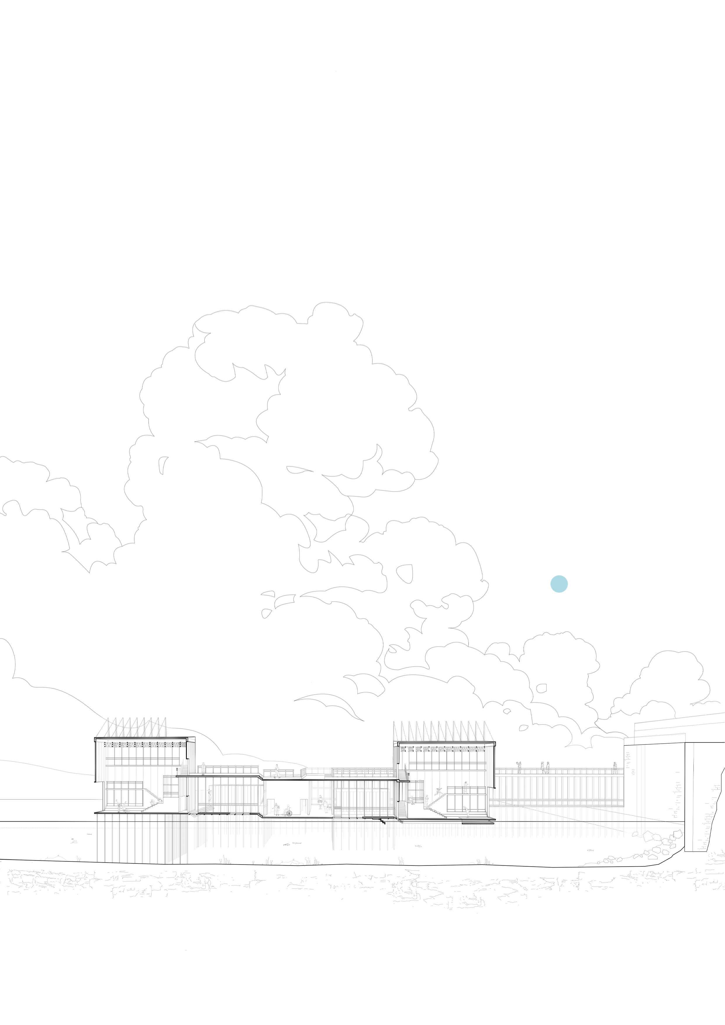 North facing sectional perspective of Tidebreaker showcasing the interior and the use of height as a threshold to differentiate spaces 
