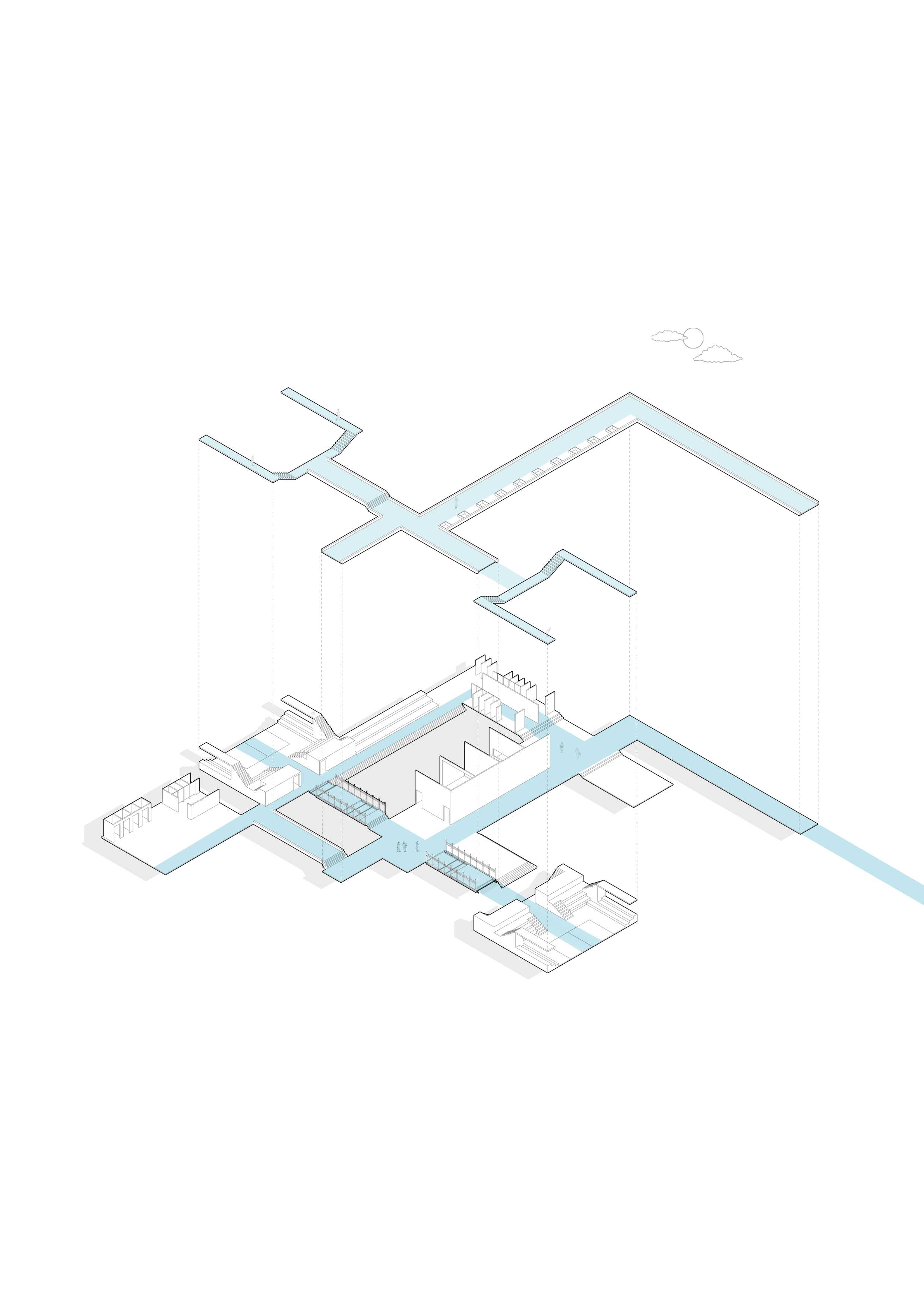 Axonometric analysis of Tidebreaker’s private (lighter) and public (darker) circulation
