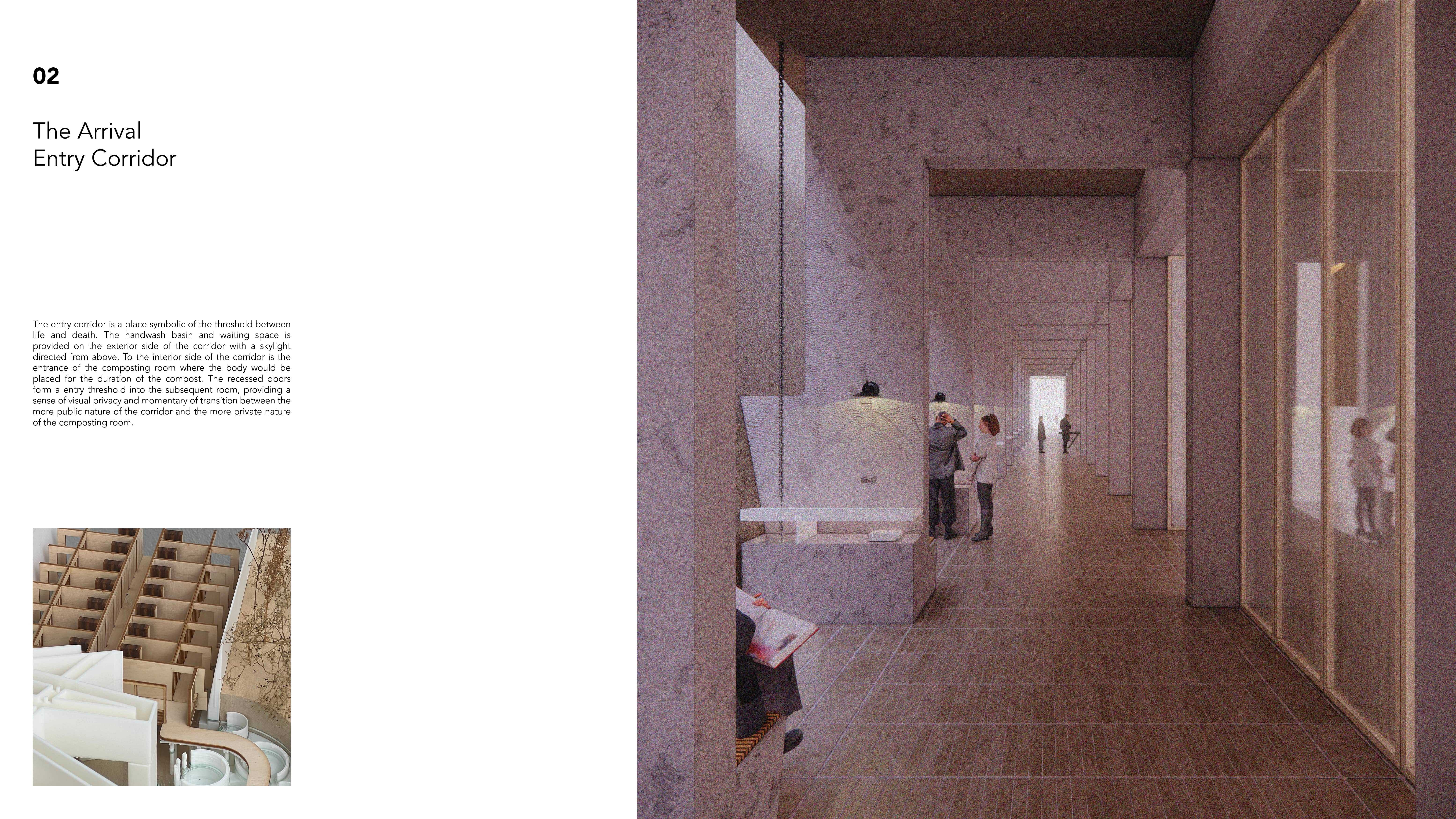 Arrival corridor with handwash and wait space to the left and compost pod entrance to the right. The rhythm of beams creates varying levels of privacy and divisions of space. 