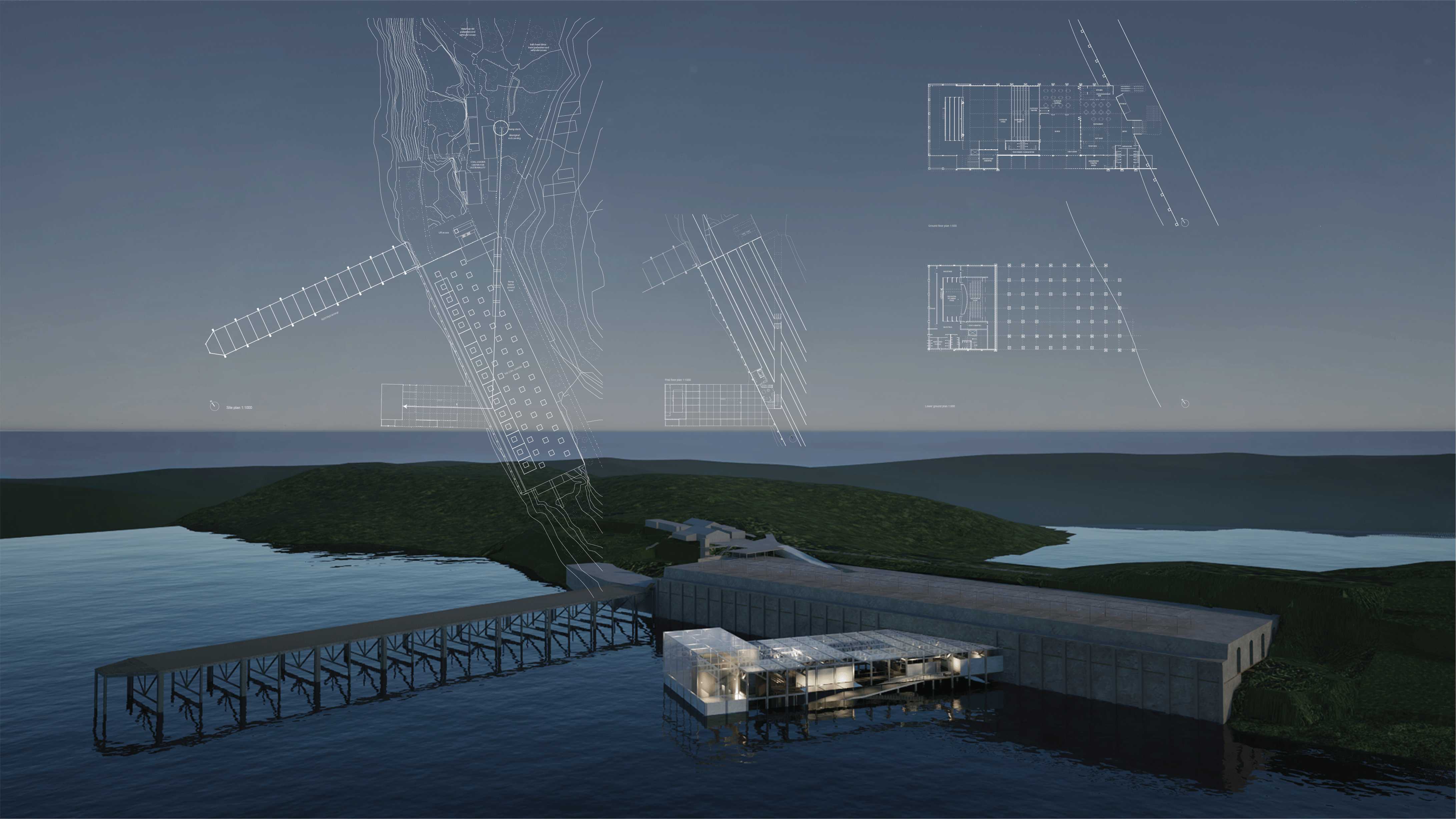 Overview of theatre in site at night, site plans and floor plans