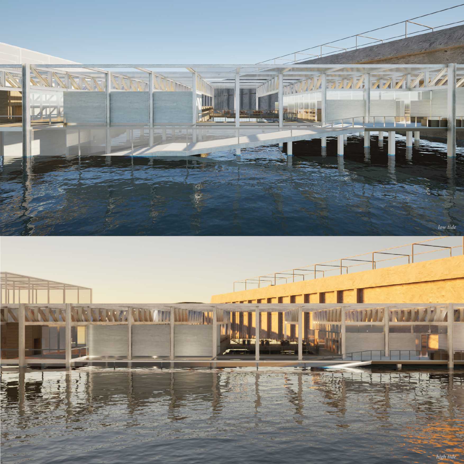 The theatre at low tide, and high tide - when the waves engulf the ramp, submerging visitors into the water