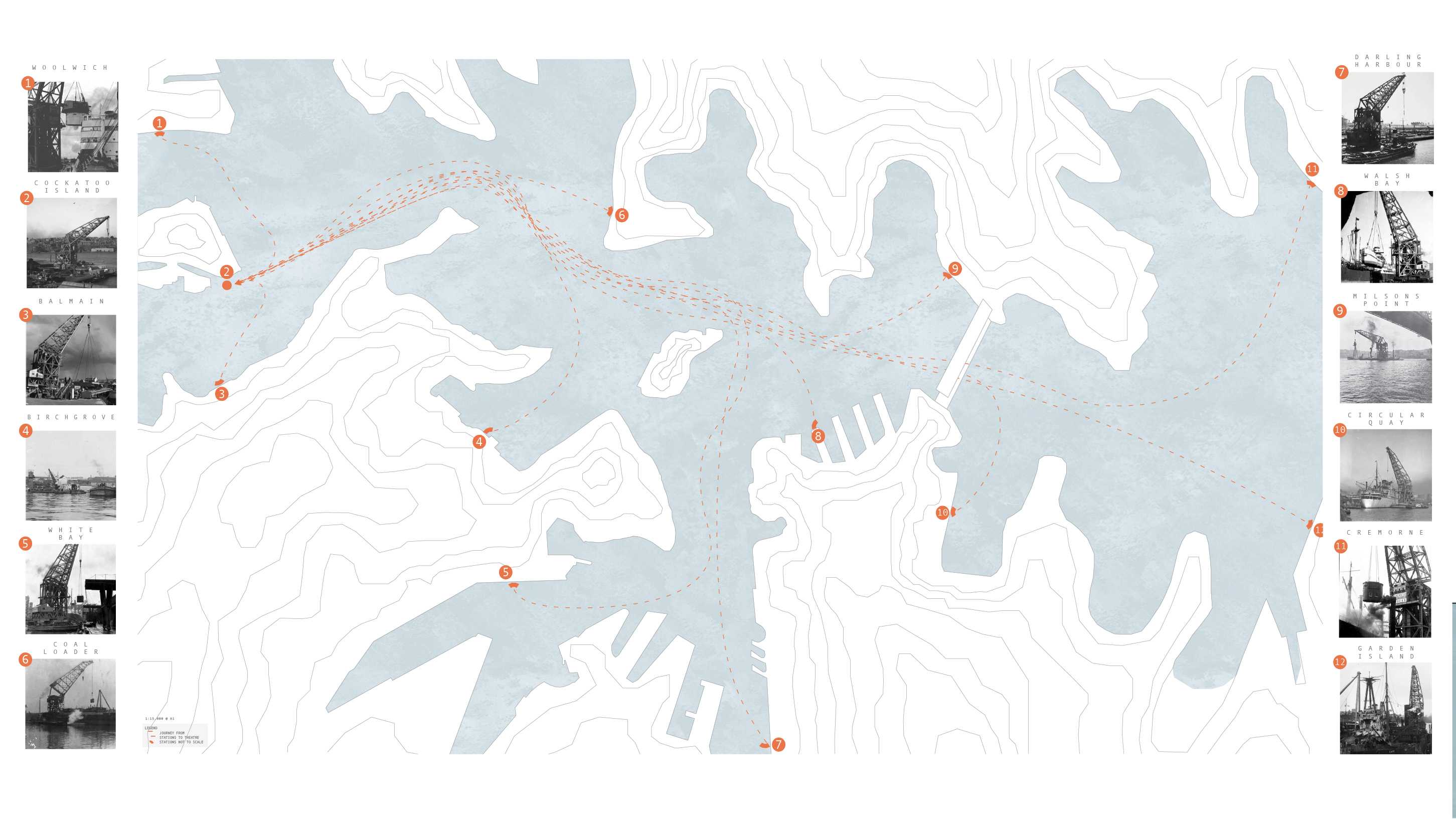 Eleven stations dot the harbours edge, each marking a pivotal moment were the Titan once worked, its massive arm commanding the shores with each movement.