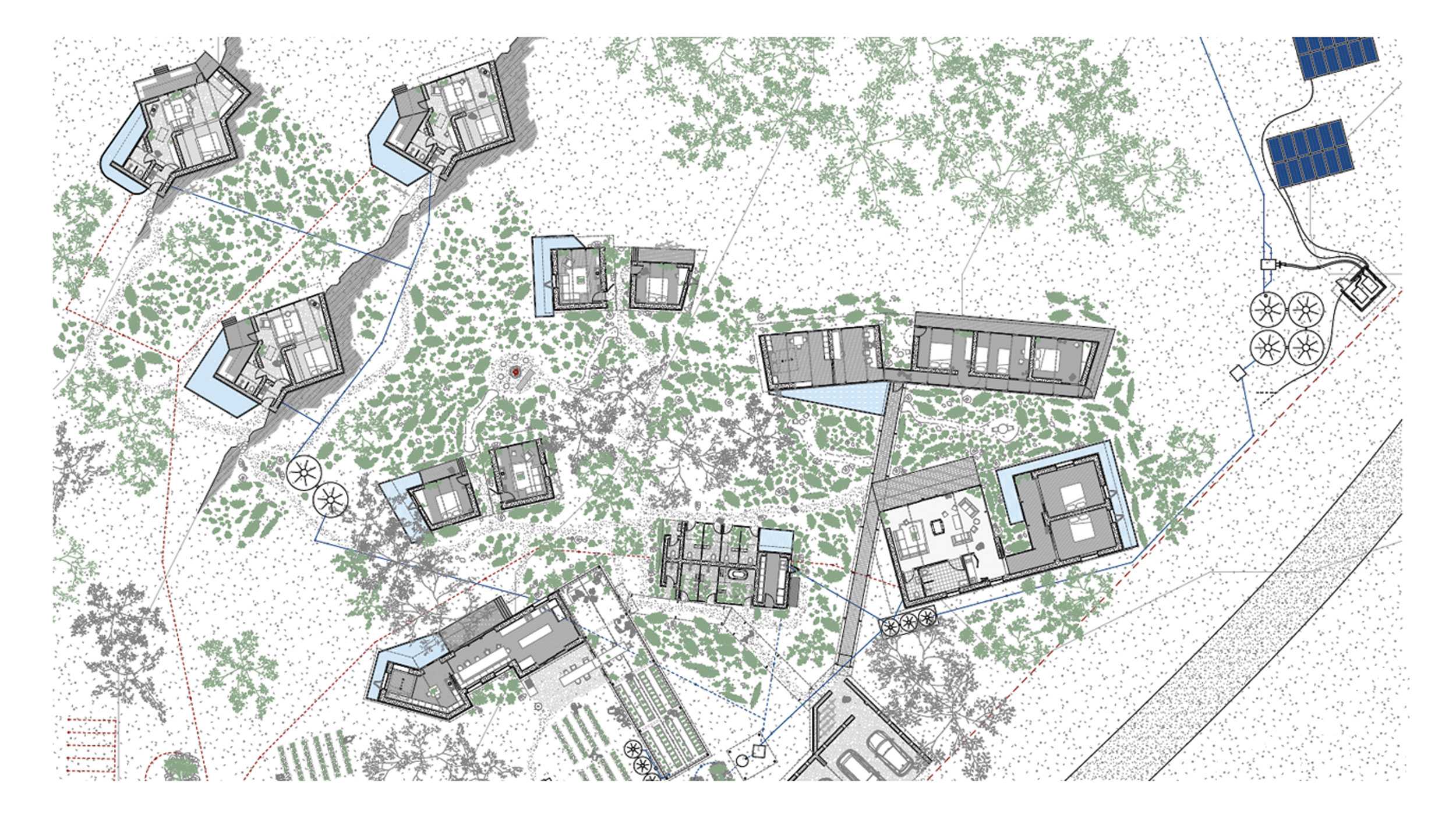 Complete site plan demonstrating building layouts, with a fragmented plan allowing for separation of the three main dwelling activities: sleeping, bathing and dining/ living/ working spaces