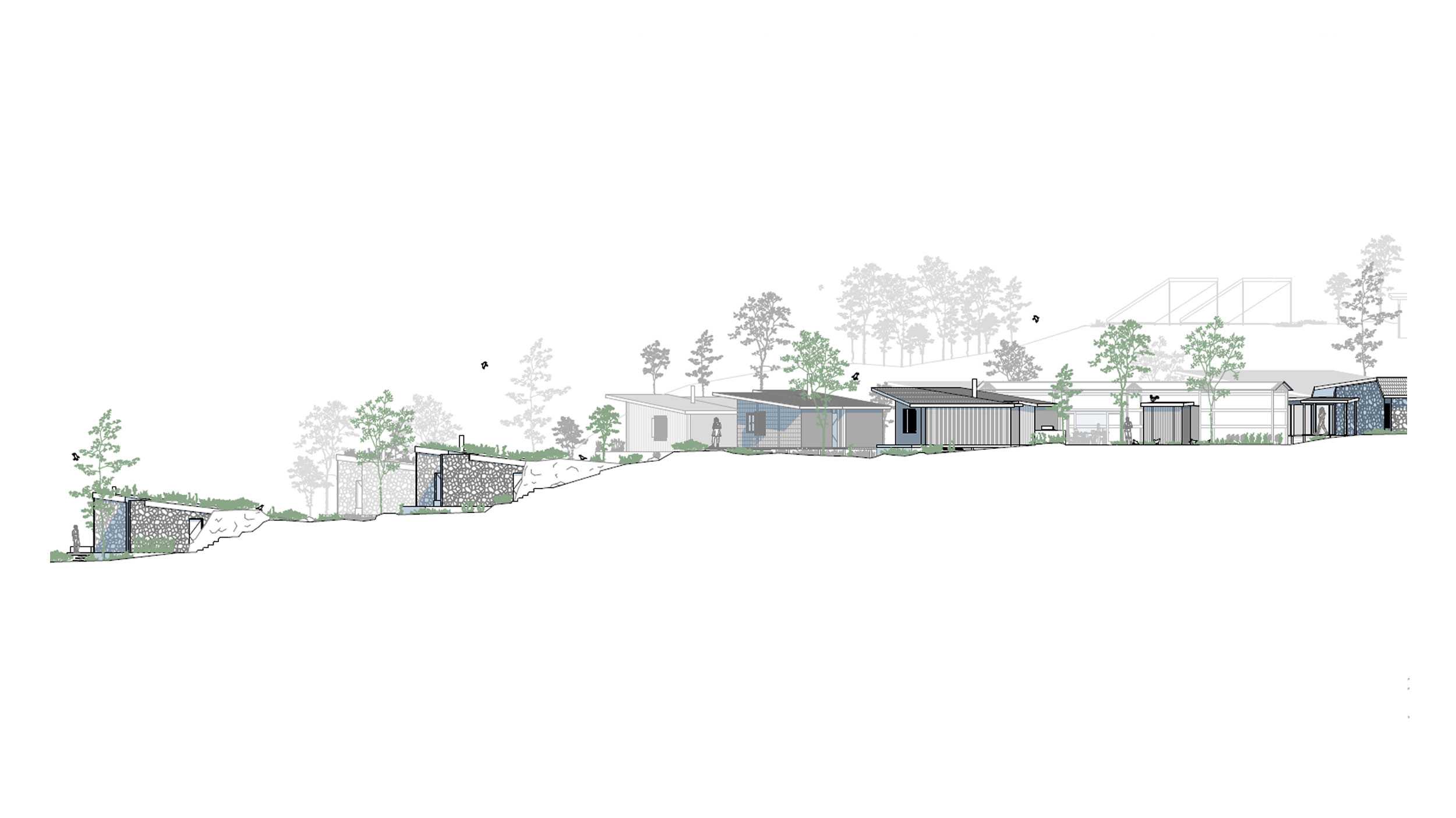 Long site section to visualise the elevation challenges of the site. It also highlights the ability of dwellings to capture views from all living, dining, working, sleeping and bathing spaces.