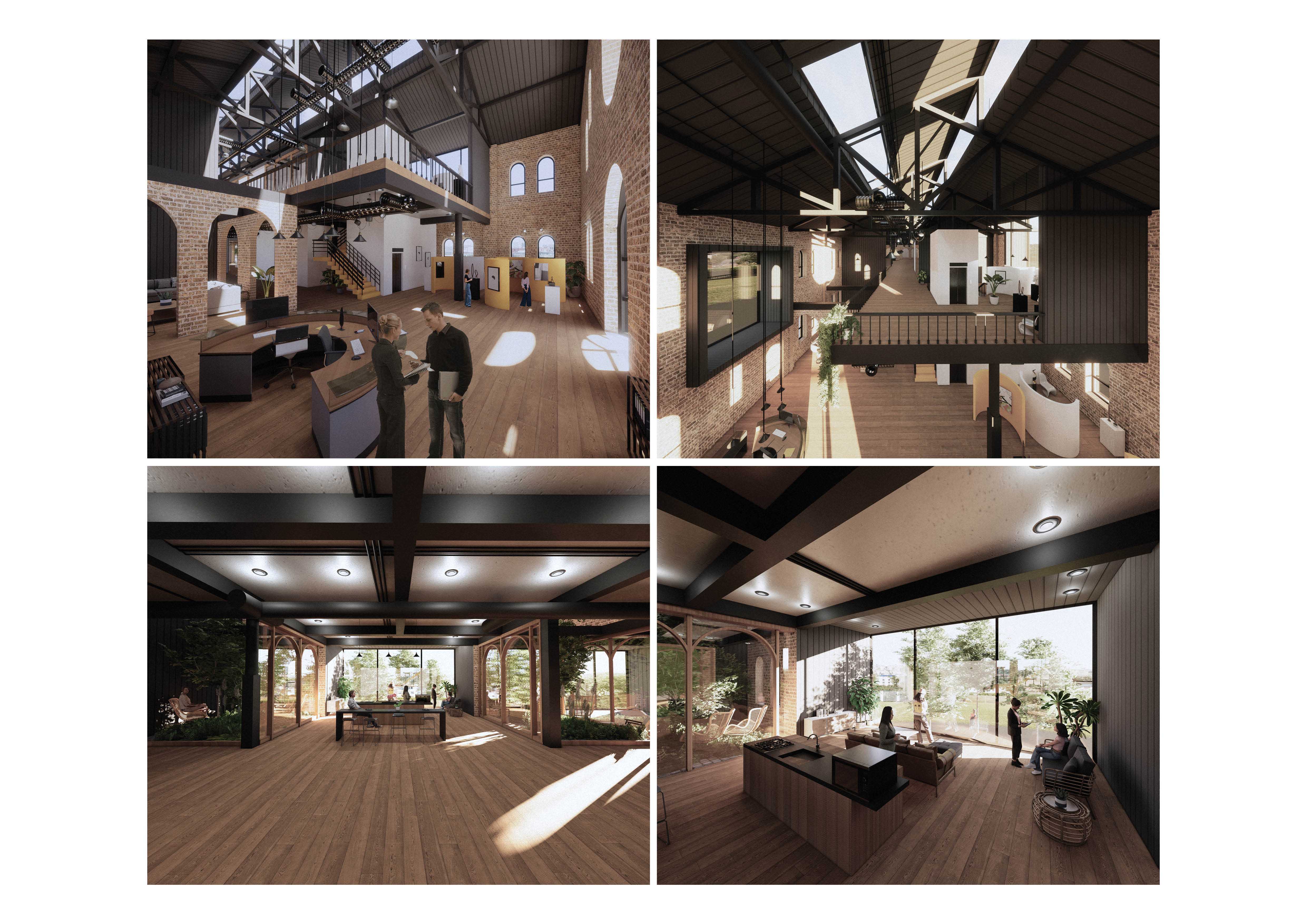 Interior renders of the youth mental health center, blending historic architecture with modern design, emphasizing transparency, choice, and serene spaces for reflection and social interaction.