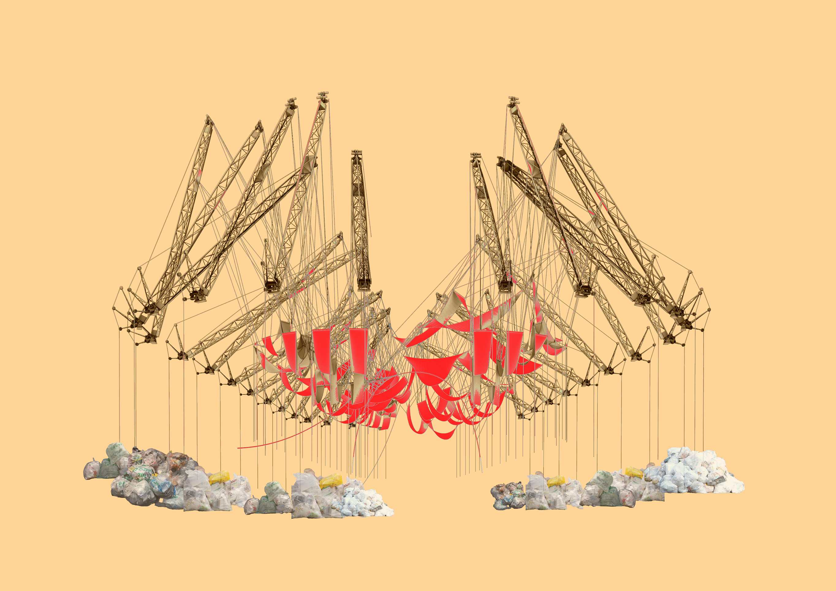 Cranes shift and reshape, controlled by the weight of accumulated waste, symbolizing the environmental impact of our actions.