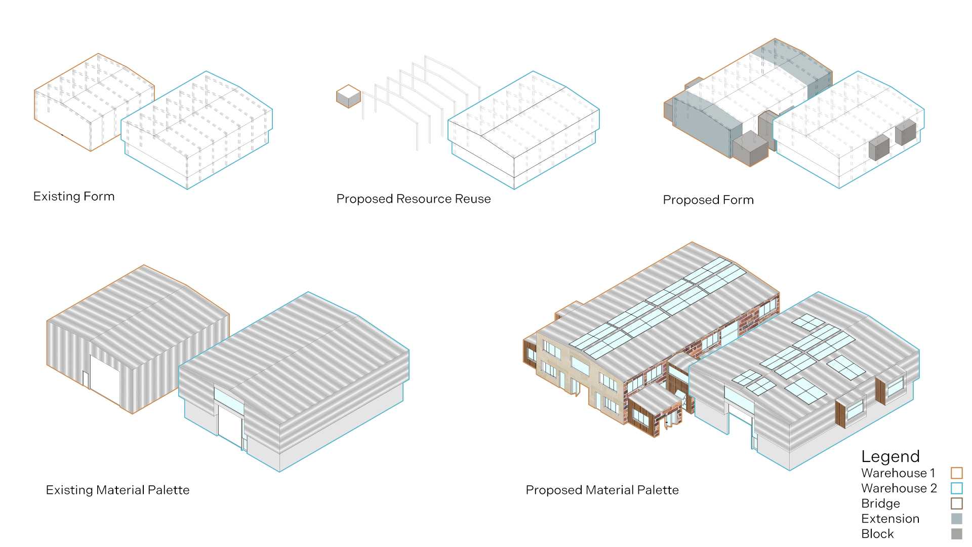 The axonometrics analyse the existing resources on site, illustrates the final form and material palette, consisting of new and existing materials.