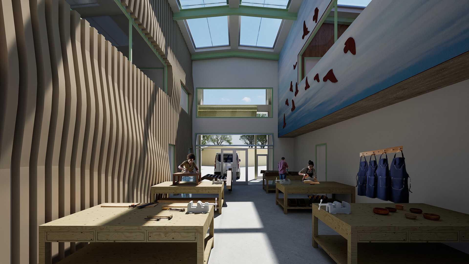 As part of the 'Emergent Co-Design' concept, the wood workshop enables occupants to design the look of some of the spaces inside the institute.