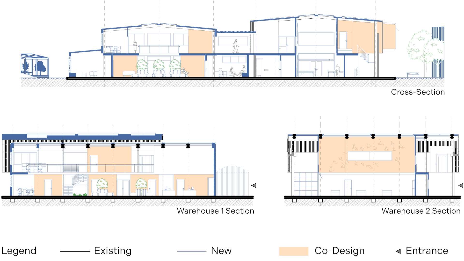 A bridge is designed between the 2 warehouses to improve access and mobility. The orange walls show where timber cladding produced in the workshop can be installed.