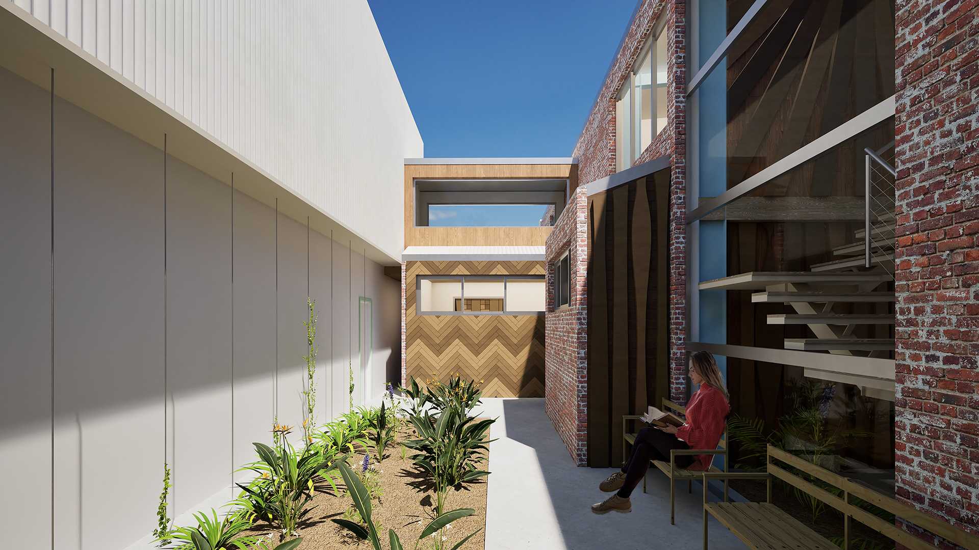 Between both warehouses, a secluded garden is created by the protrusion of two blocks. Informed by the concept 'Sensory Modulation', this space serves as a quiet retreat.