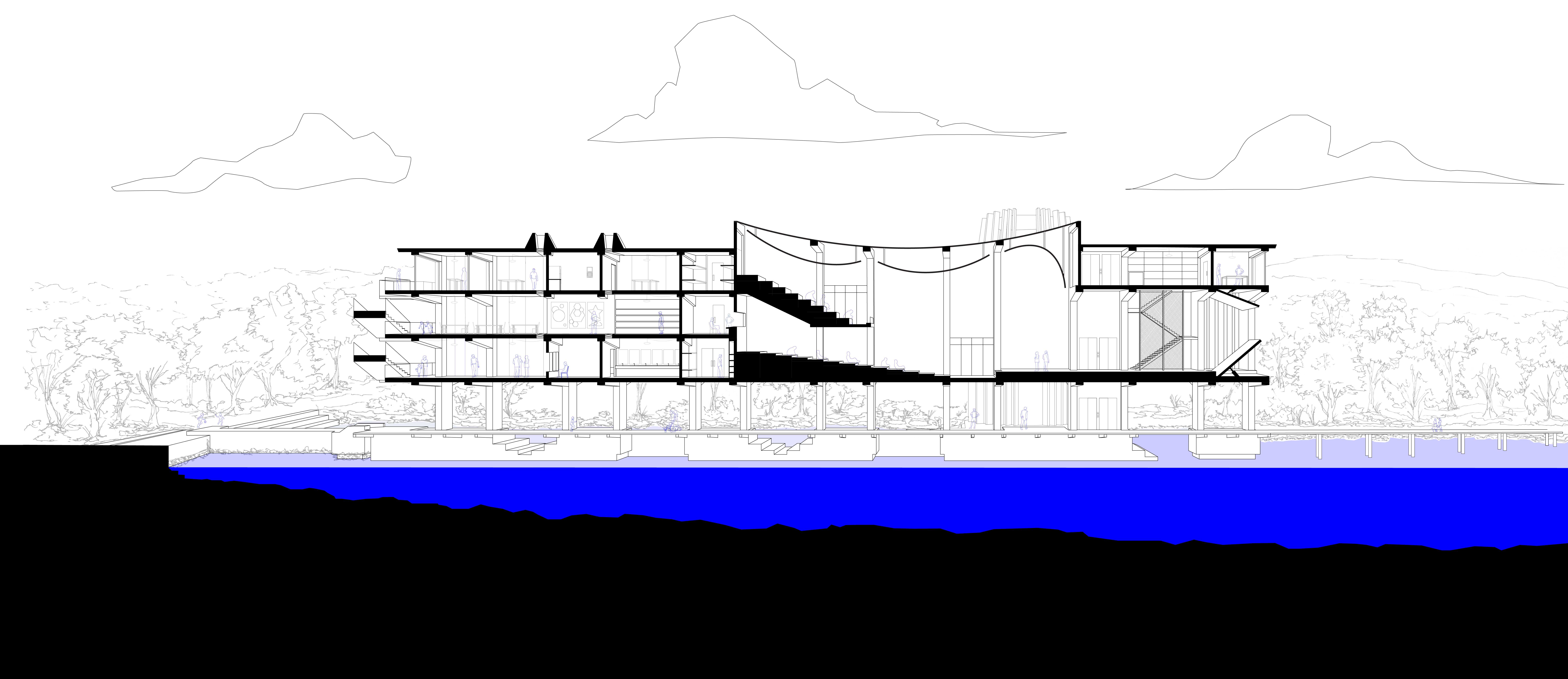 Sectional Perspective:
Through viewing the theatre's sectional qualities, the curated architectural environment is revealed. Evocative of a post-industrial occupation of Balmain, a story about gathering to work towards renewal is told.