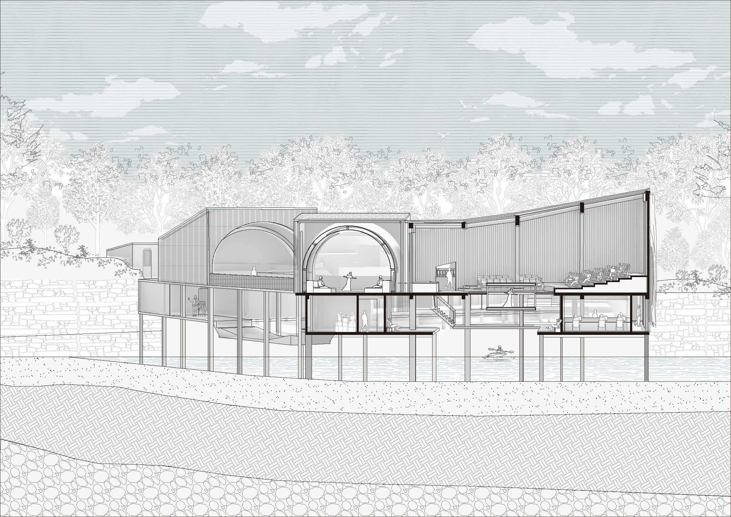 Sectional Perspective displaying how theatres aimed at curating new perspective of watching performances that stage goes descending. This provides new possibilities theatre configurations and stage settings that integrates sensory elements.