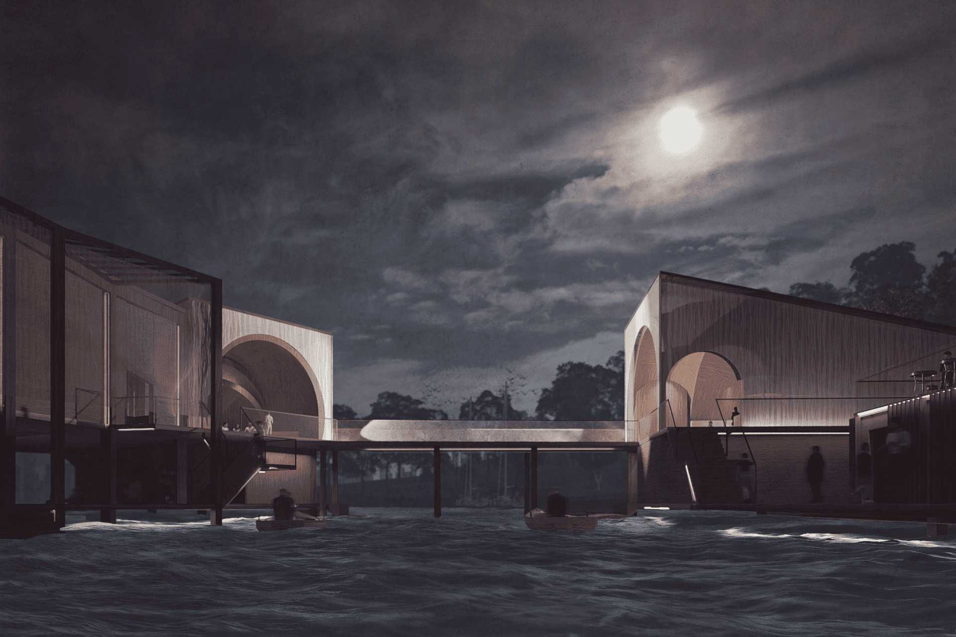 The night view reveals two black box theatres connected by a bridge, forming a "Super Theatre." This exterior space invites visitors to experience performances from diverse vantage points.