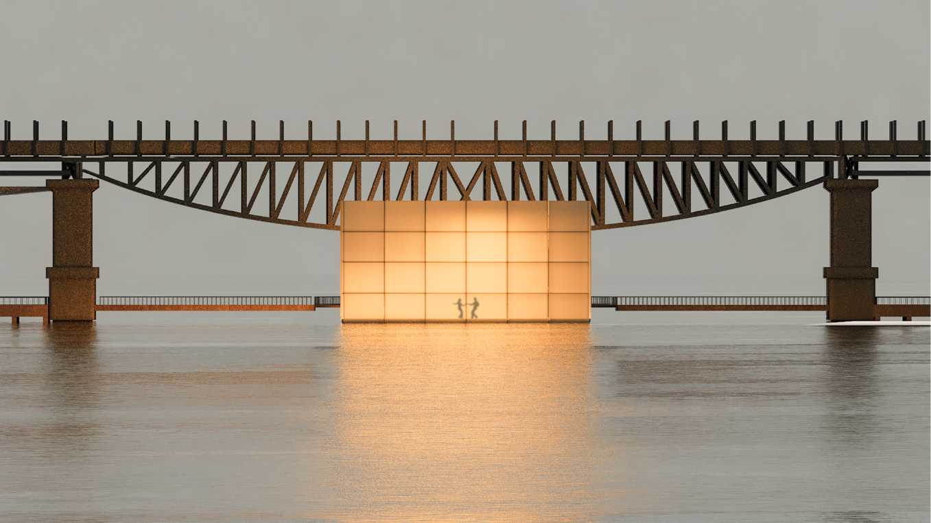 Birds eye view of bridge in open position and the theatre in context. This highlights the public space element of the design and the interaction the theatre has with its surrounds.