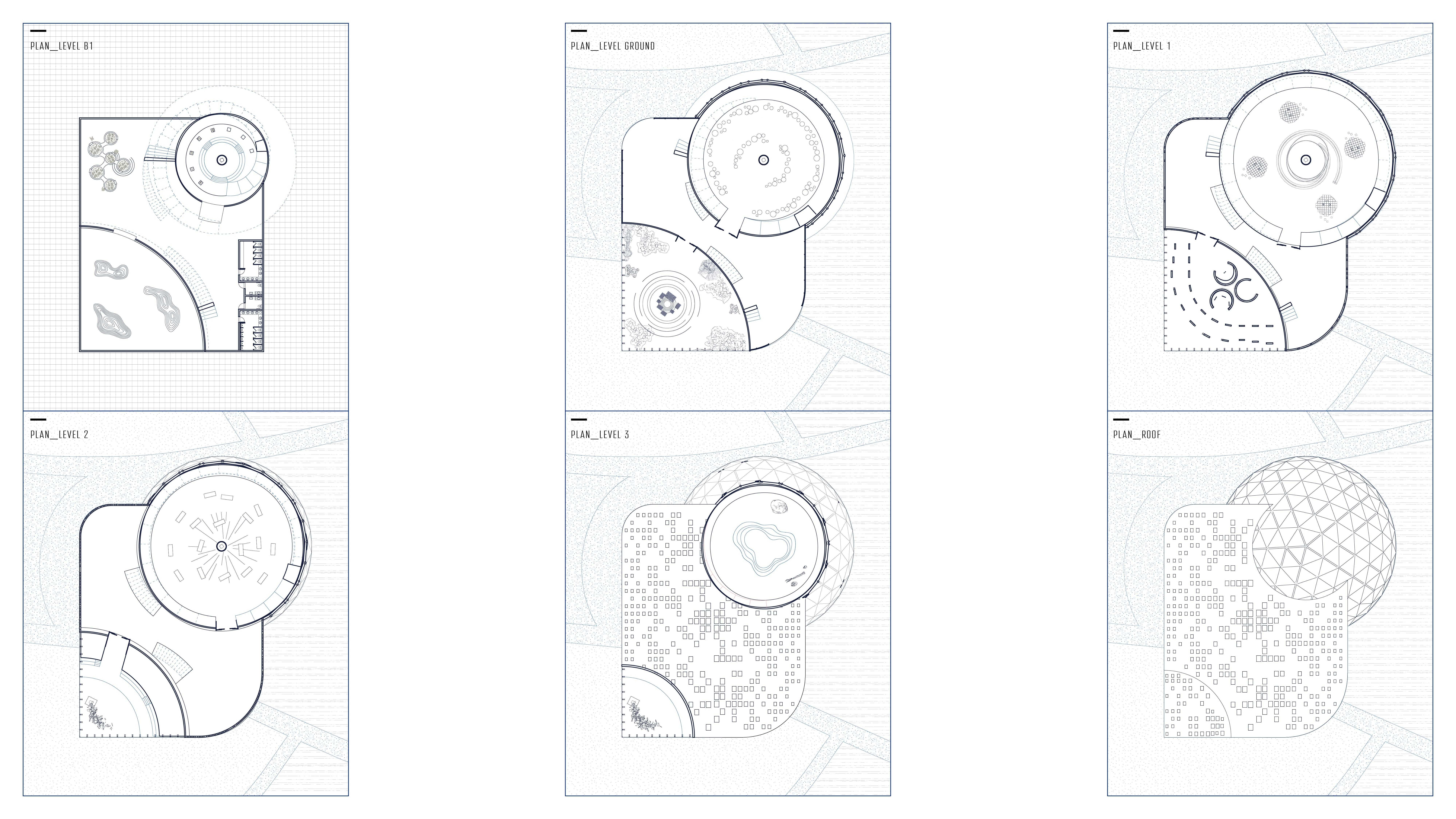 Floor plans of the building, showcasing Levels B1 to 3 and the roof. Each level highlights distinct functional areas designed for immersive projection, interactive exhibits, and learning spaces.