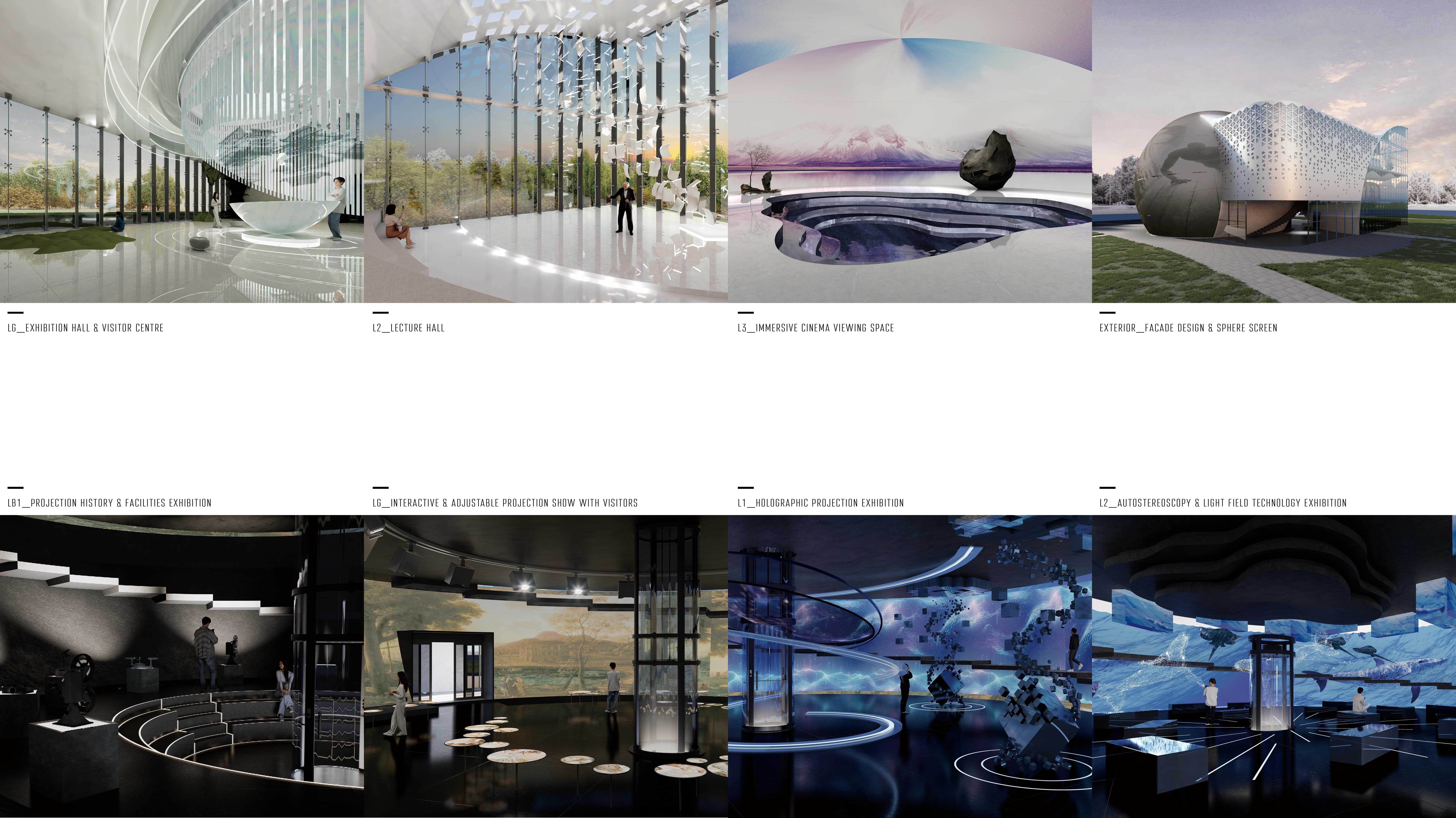 Eight renderings showcasing interior spaces and exterior views, featuring immersive cinema, projection history exhibits, holographic displays, and advanced light field technology, highlighting the building’s interactive and artistic environment.