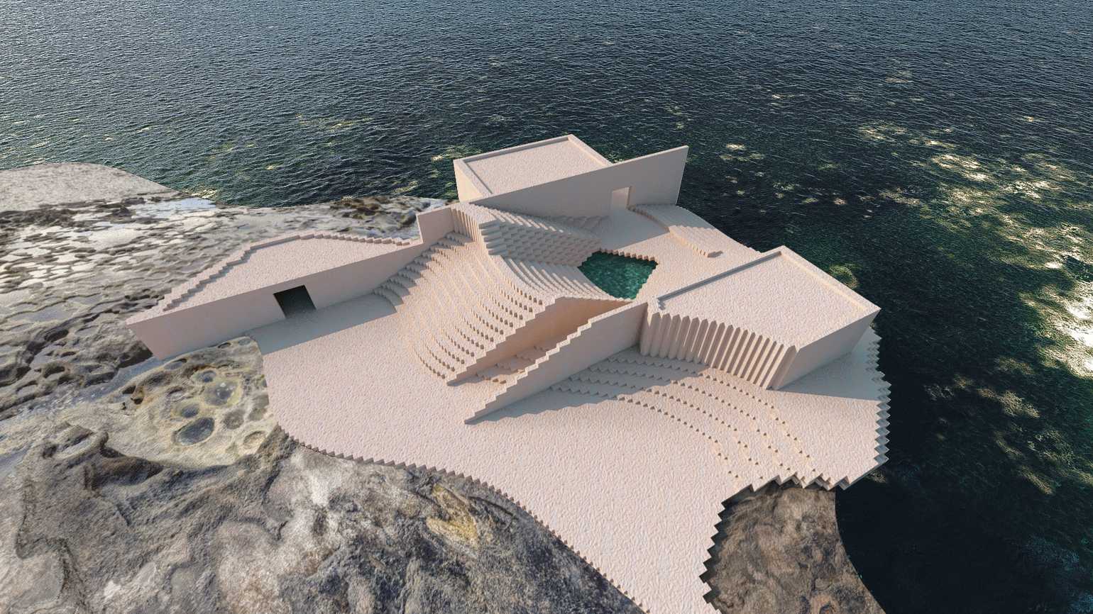 The exterior render showcasing a birdseye view of the design offers a comprehensive perspective of how the design integrates with its surroundings. From this vantage point, the harmonious flow of the structure’s form is visible, with the natural contours of the land and water influencing its shape. 