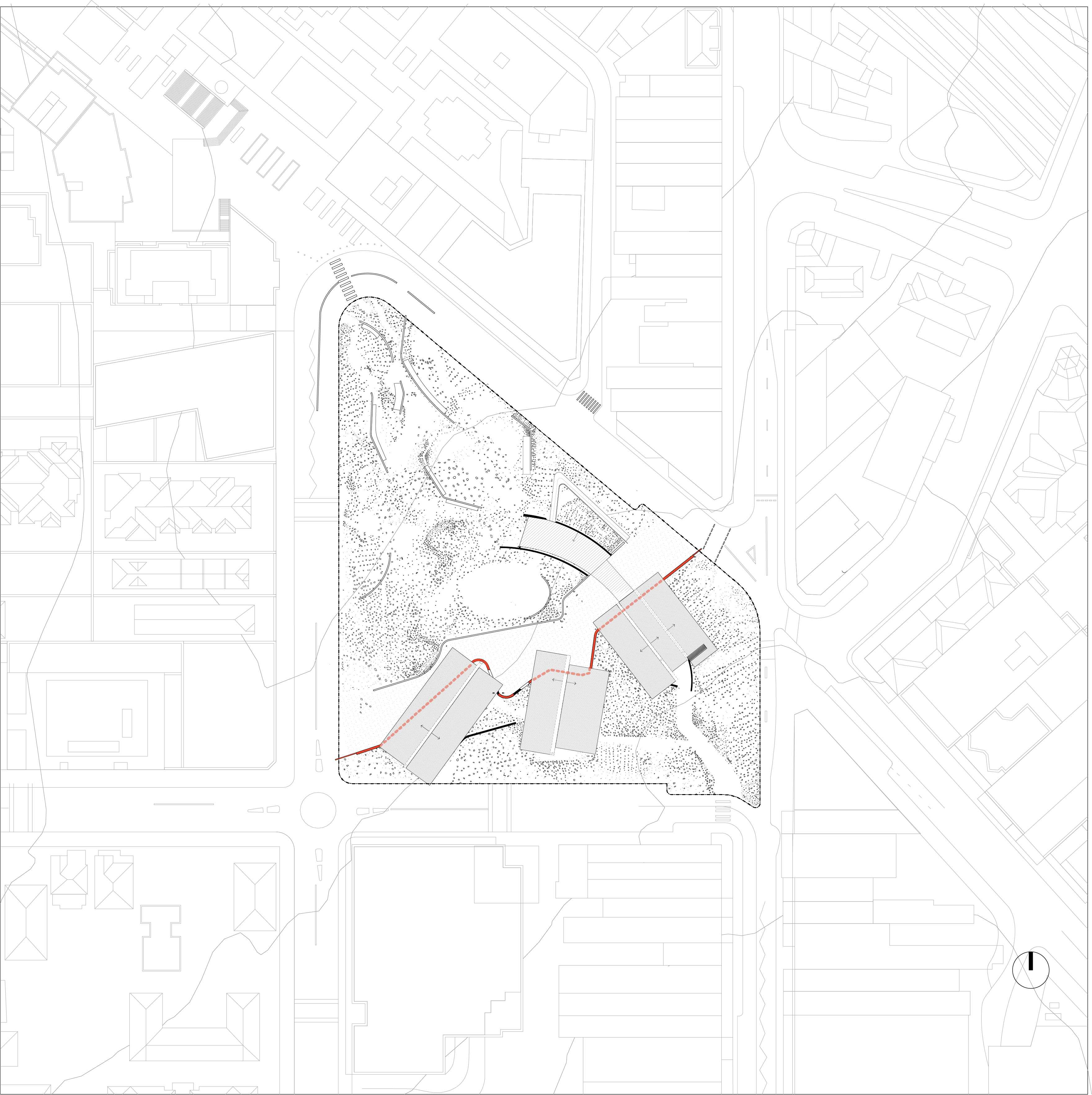 The proposed design inscribes itself into the landscape through broad gestures, eroding space by tracing and retracing the pedestrian circulation - Site Plan 1:500