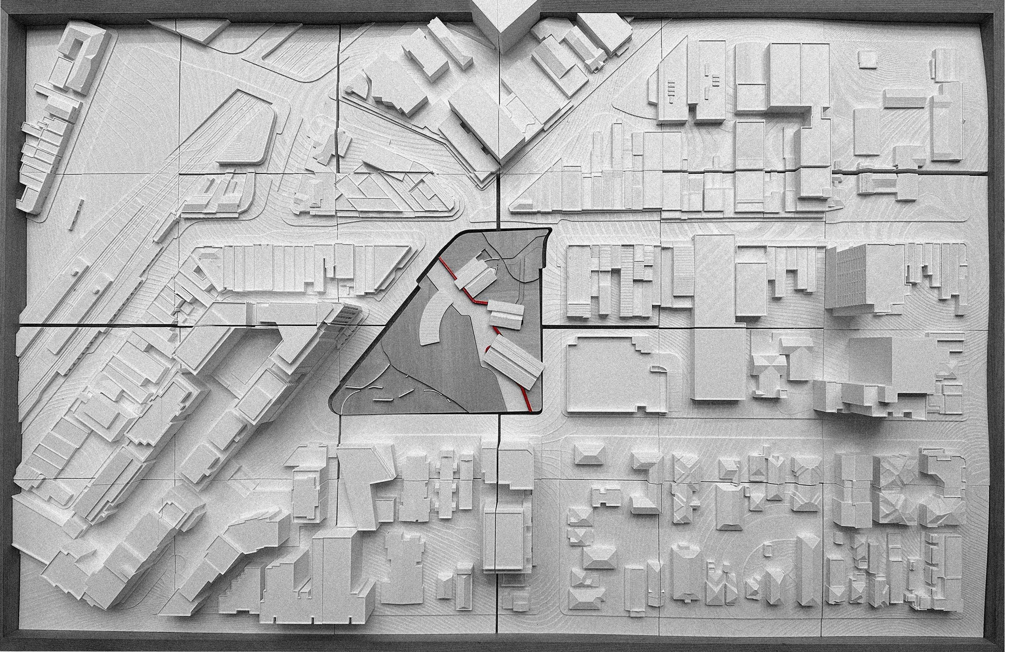 The operation of walking captured by the wandering line and fragmented injections into the site give rise to cross-cultural encounters, unplanned routes, and learning - Group Site Model 1:500