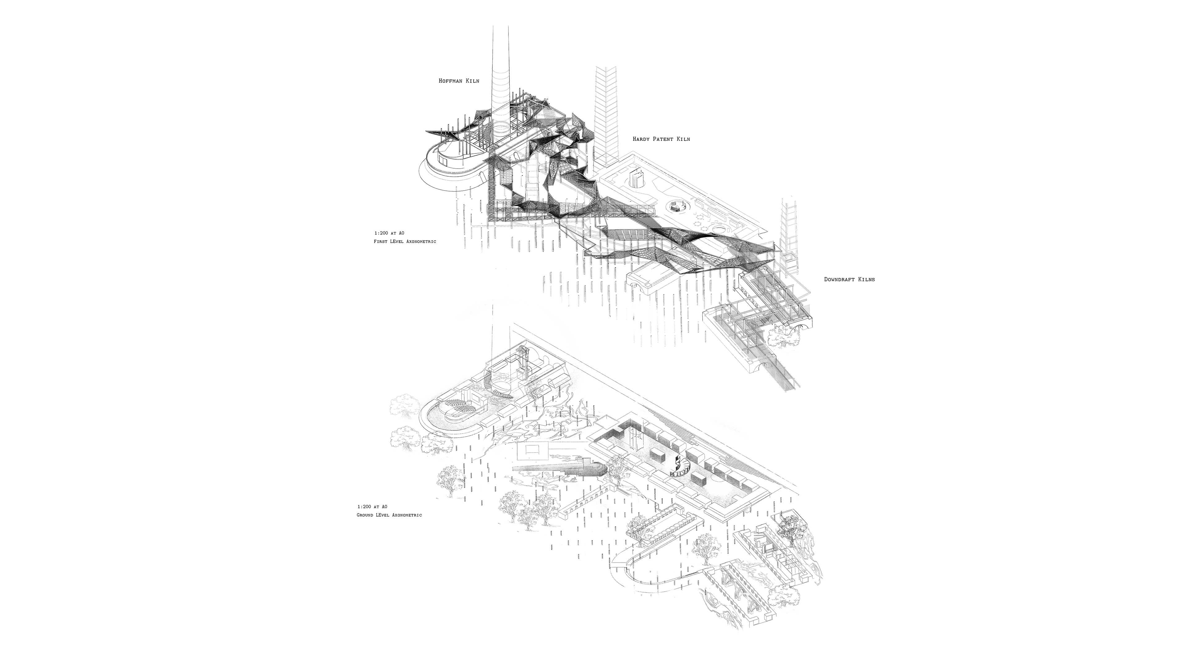 Adaptive Re-use Scheme of the existing Hoffman, Hardy Patent and Downdraft Kilns, and spaces between. Site Axonometric 1:200 at A0. 