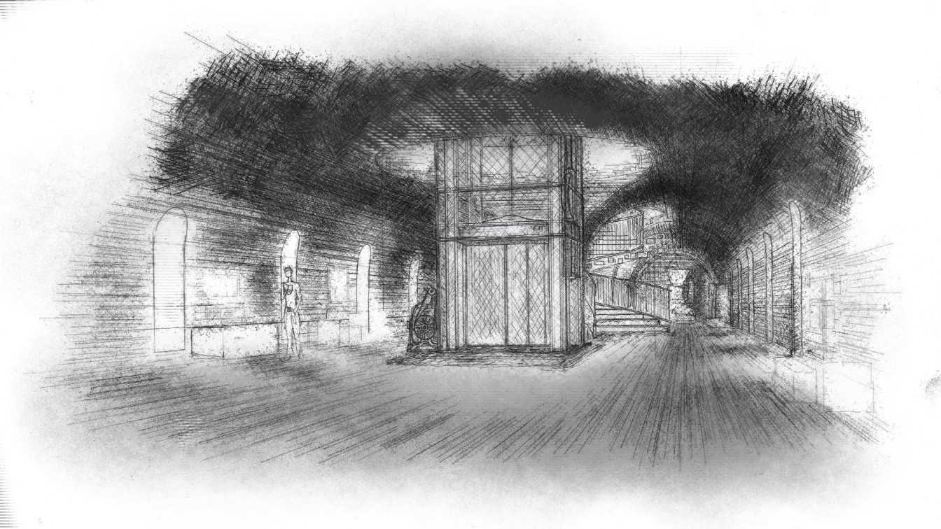 View of the proposed Hardy Patent Kiln interior. Partially deconstructed  barrel vaults converted to groin vaults for permeability, with apertures for vertical circulation and ambient daylight. 