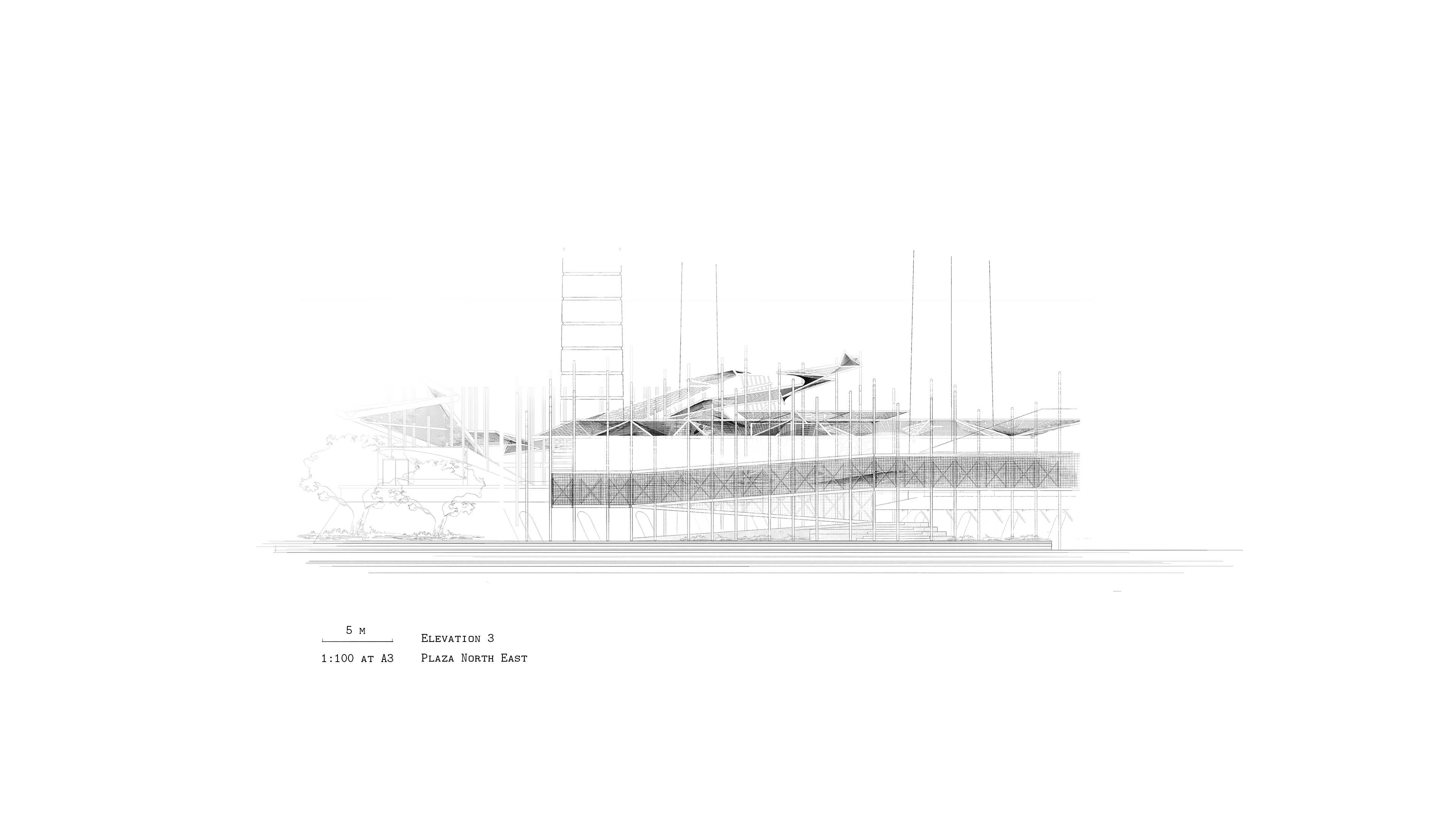 Elevation of the ramp and covered bridge connection between Hoffman and Hardy Patent Kilns. A folly mesh structure navigates the same grid system, yet the two never interact.