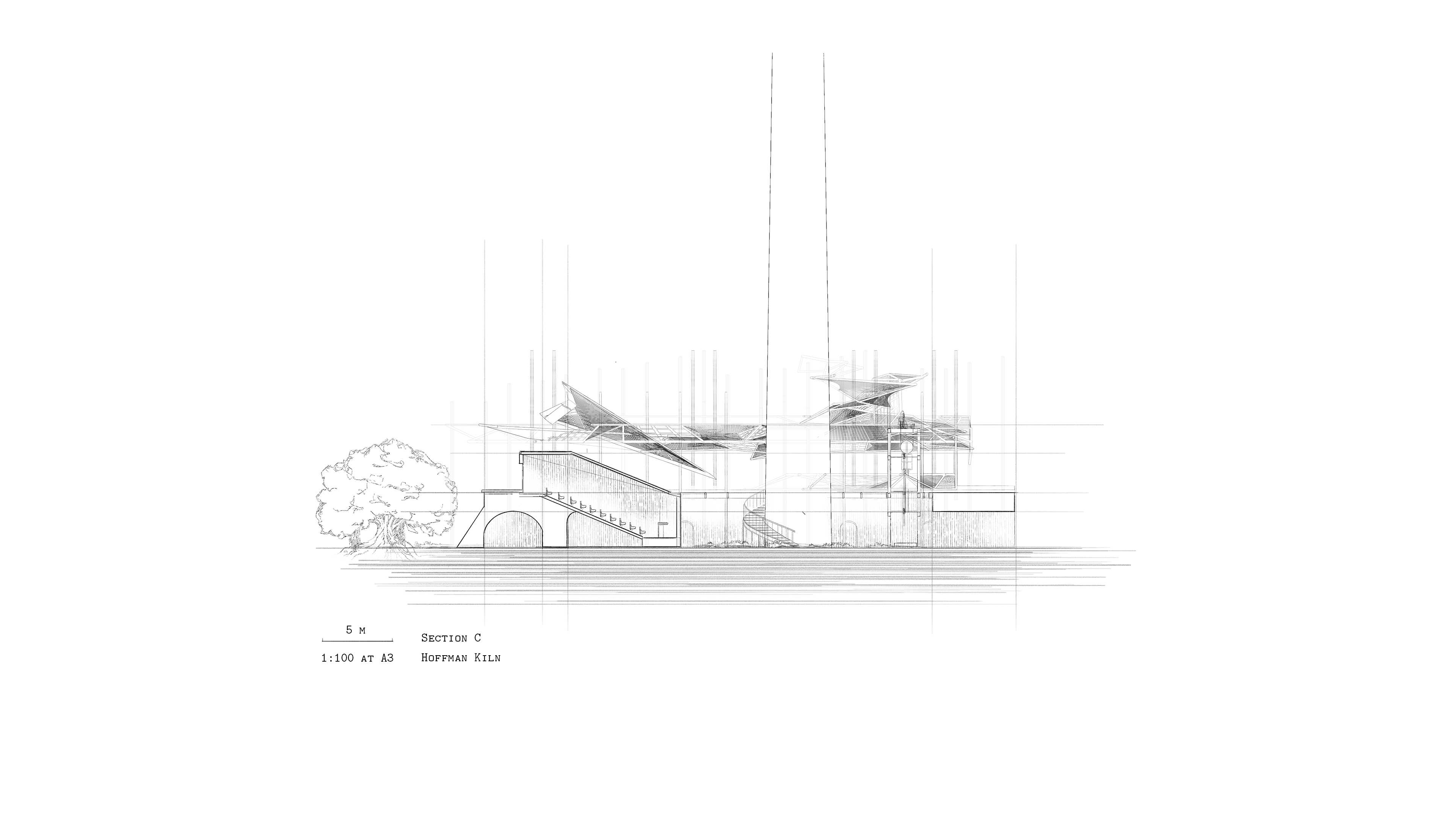 Section of the Hoffman Kiln. Proposed auditorium, with open-air foyer and internal greenspace. 