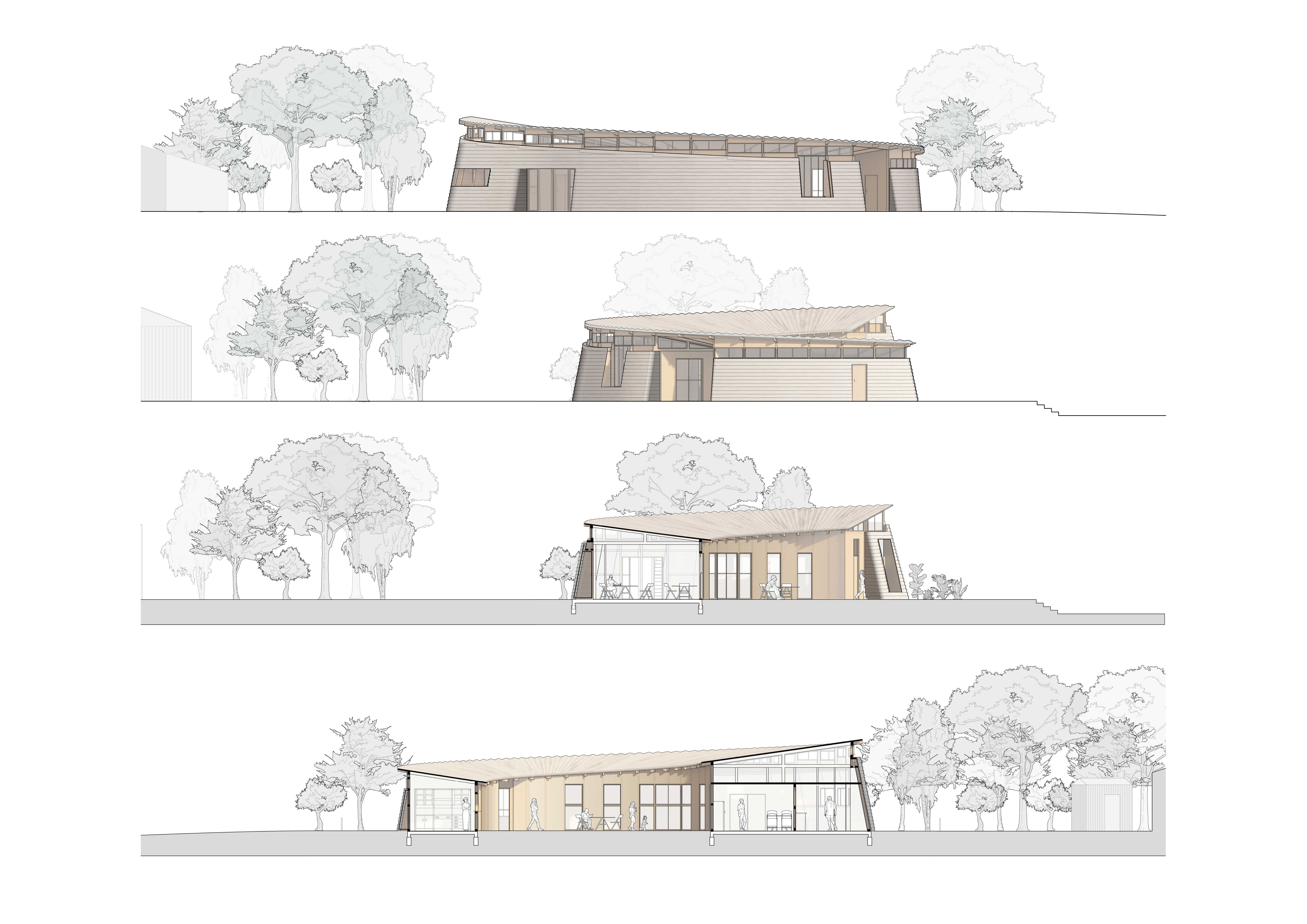 Section and Elevation

The locally sourced clay wraps the exterior providing strong support to the timber frames and also controlling temperatures due to the designs thick outer skin. 