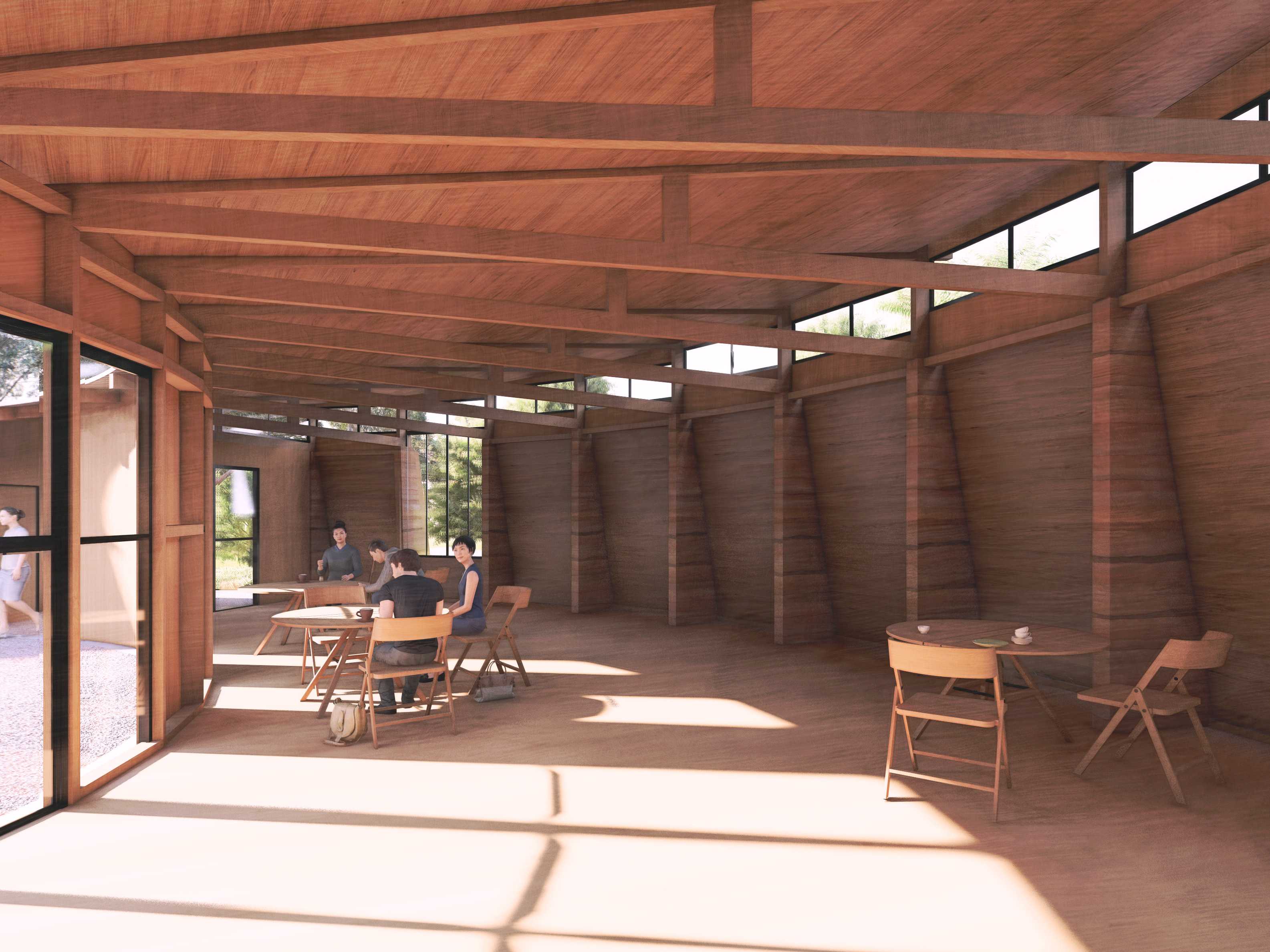 Interior Render

The internal design celebrates elements of rammed earth supports that tie in the exposed timber framing formulating a rustic colour palate. Strategic openings allow view sightlines to scenic sites of the country of Jigmy Farm. 