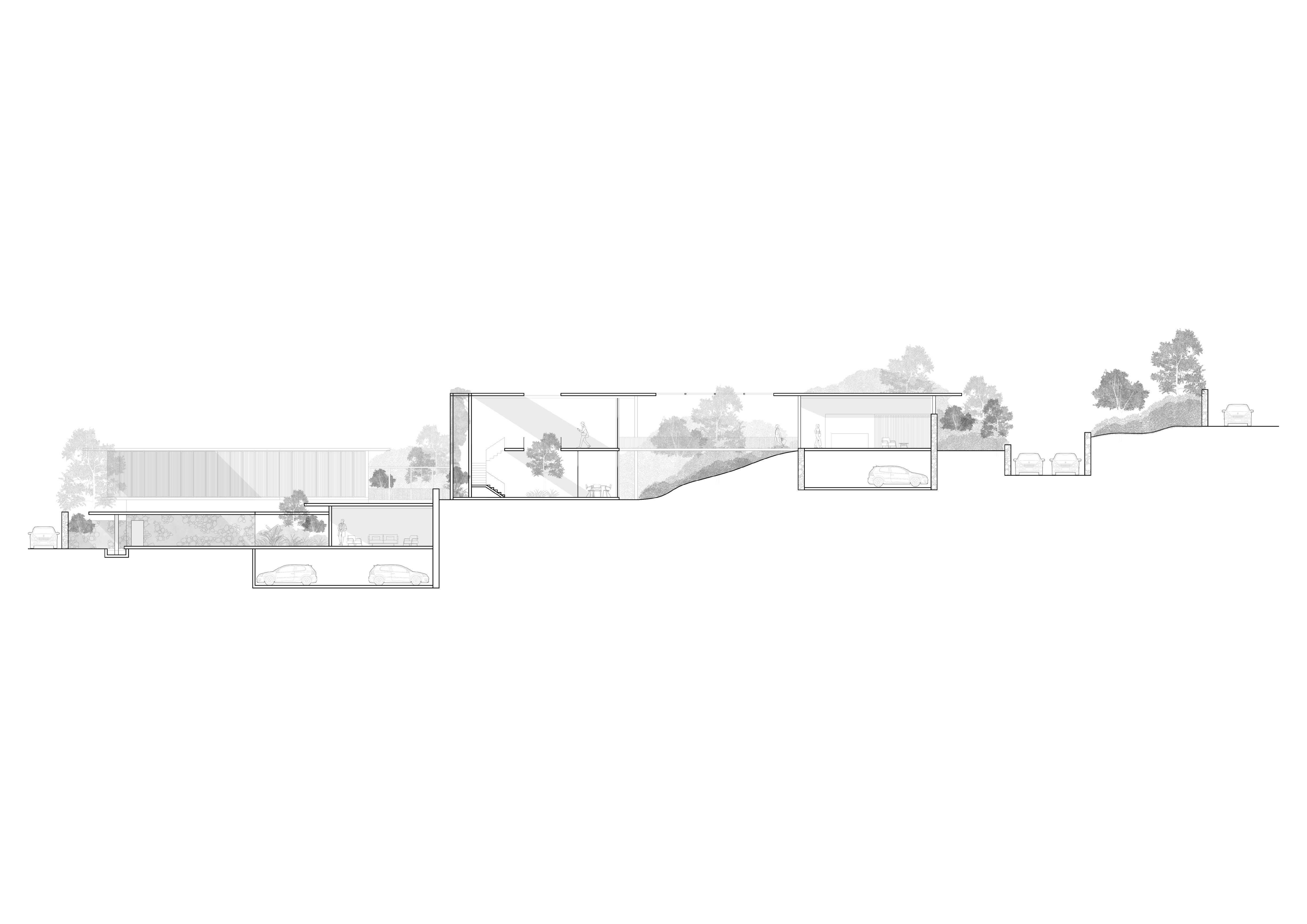 The section illustrates how the buildings are strategically placed along the contours of the site, carefully aligned to preserve unobstructed views.