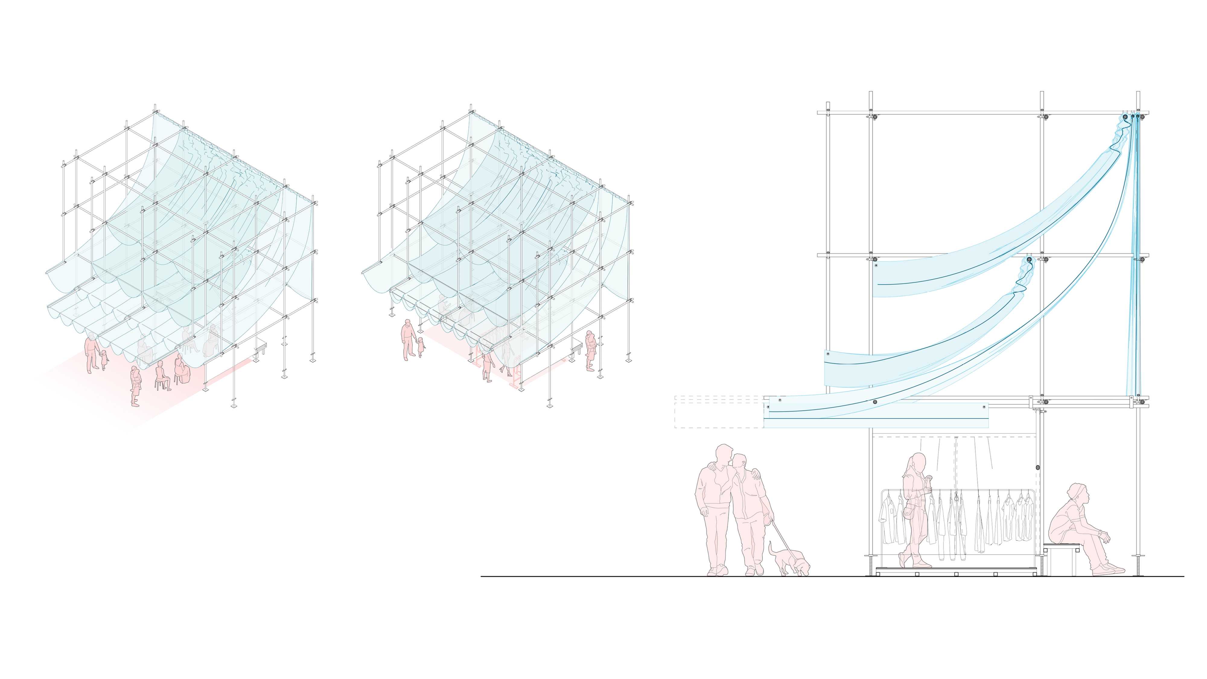 Scaffolding is symbolically significant as it carries connotations of change and ongoing invention. Agricultural netting and tarpaulin make up the canopy of each stall and are transformed through shirring.