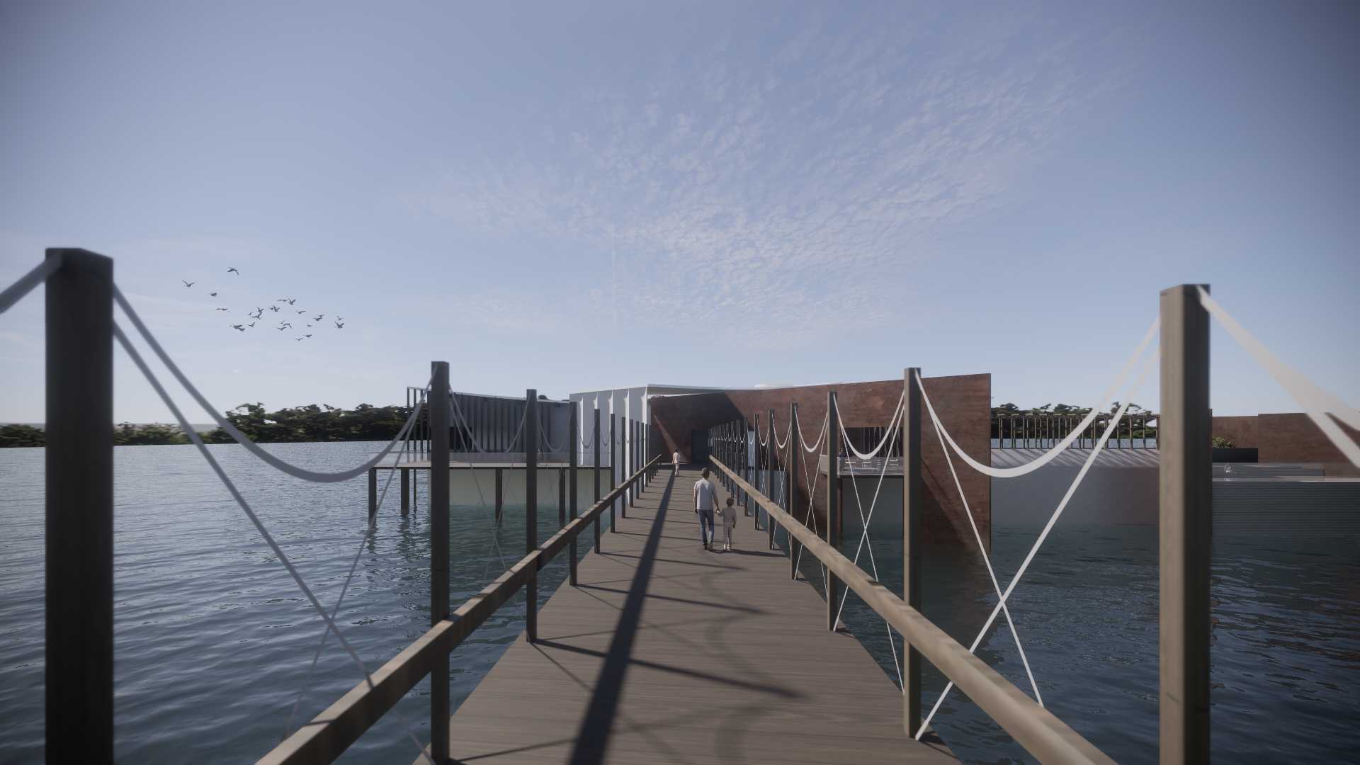 A view from the western decking toward the theatre entrance (Exterior Visualisation 2)