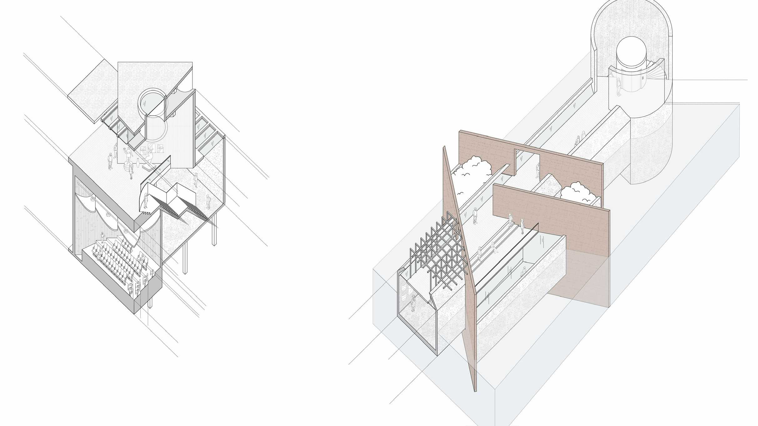 Axonometric Detail—Two staircases bridge above and below: one under a skylight, one spiralling within a cylindrical wall into the water. Hollow corten walls echo water’s quiet resonance along the journey.