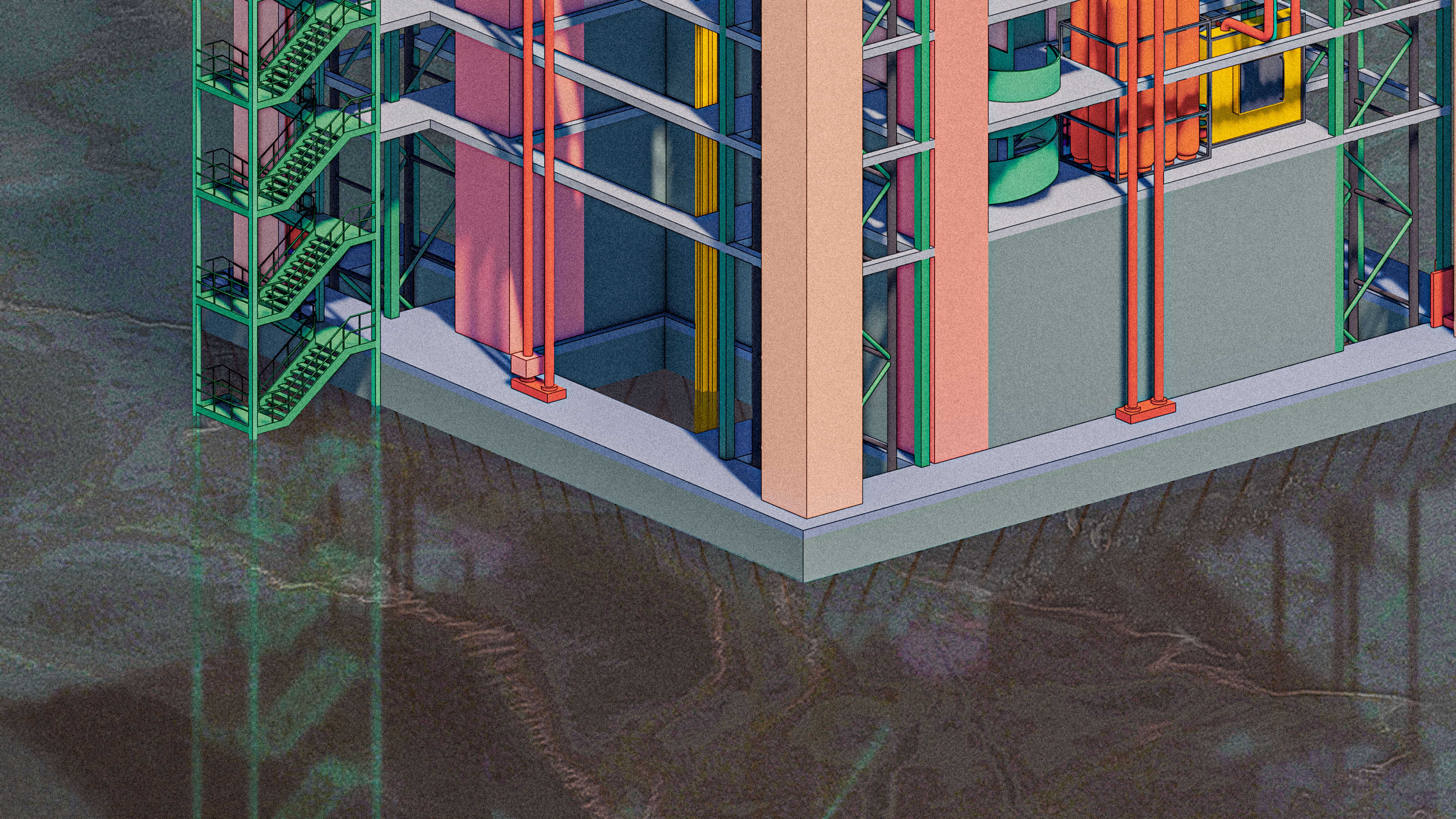 Aside from the ‘machine’, the lower 6 levels also shelter an integration of research centres and fabrication labs for underwater habitats and artefacts, such as sea walls and benthic structures.