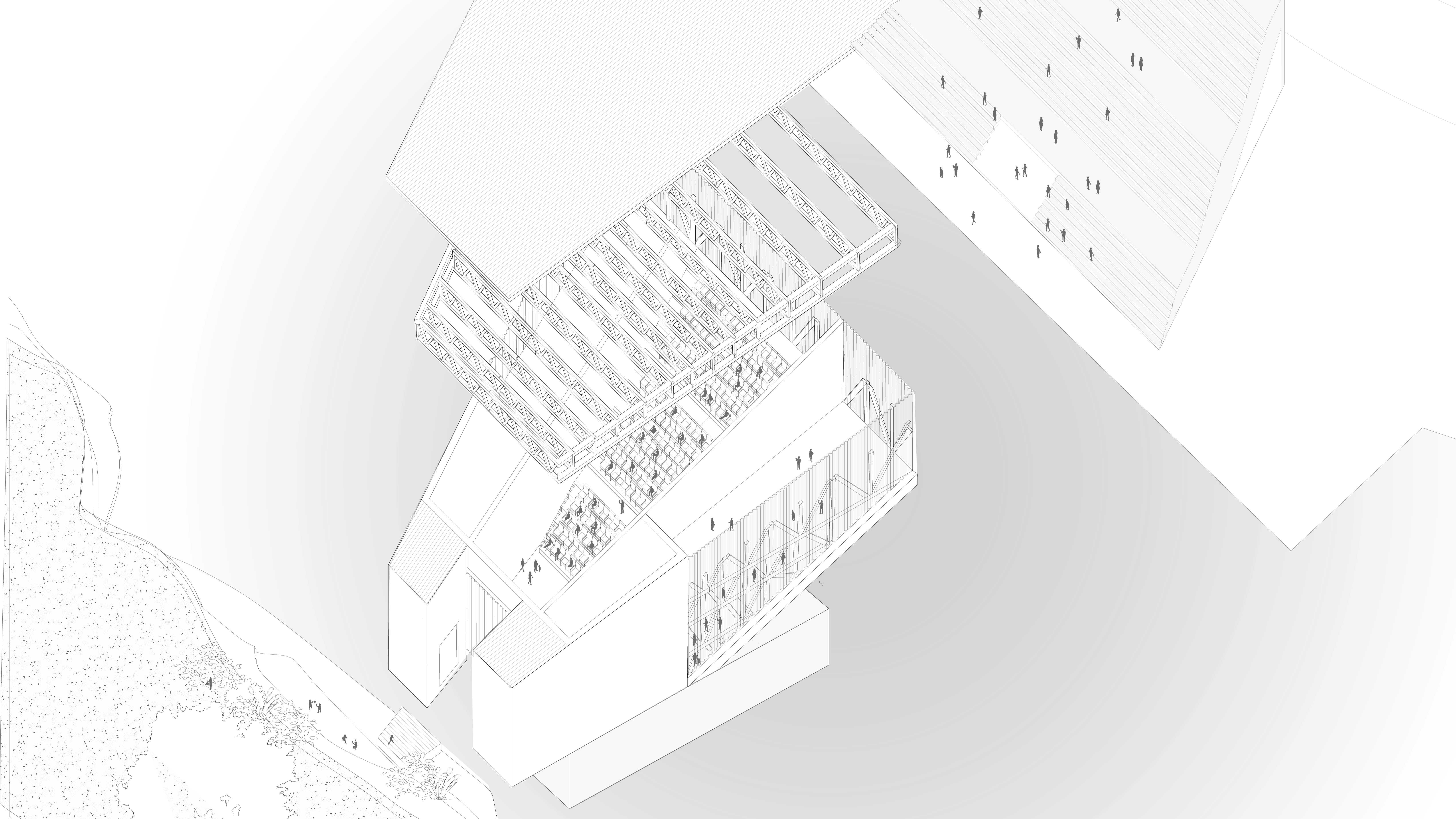 Axonometric showing the theatre's relationship to each of the sites