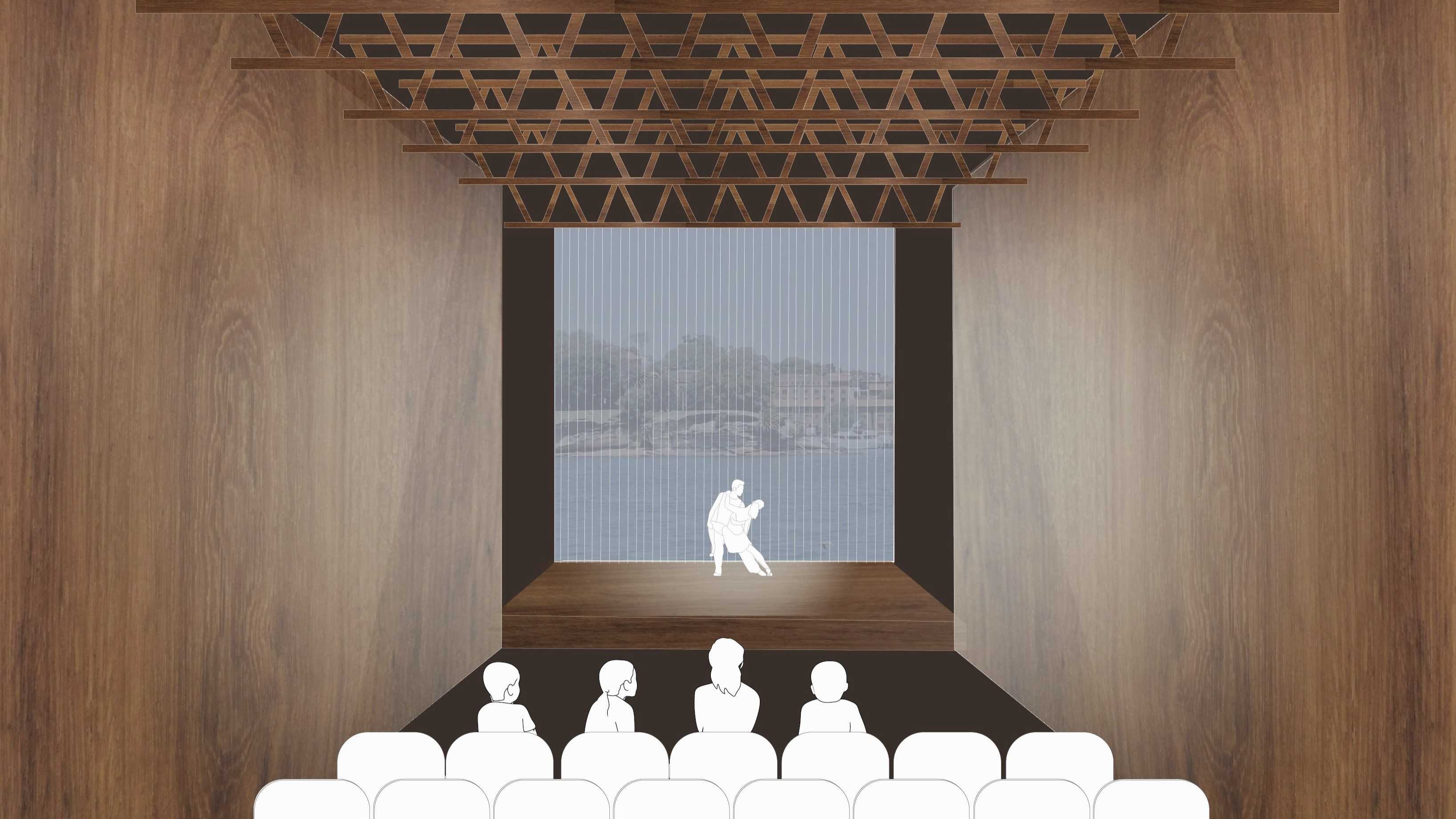 Collage visualisation showing the perspectival form of the auditorium