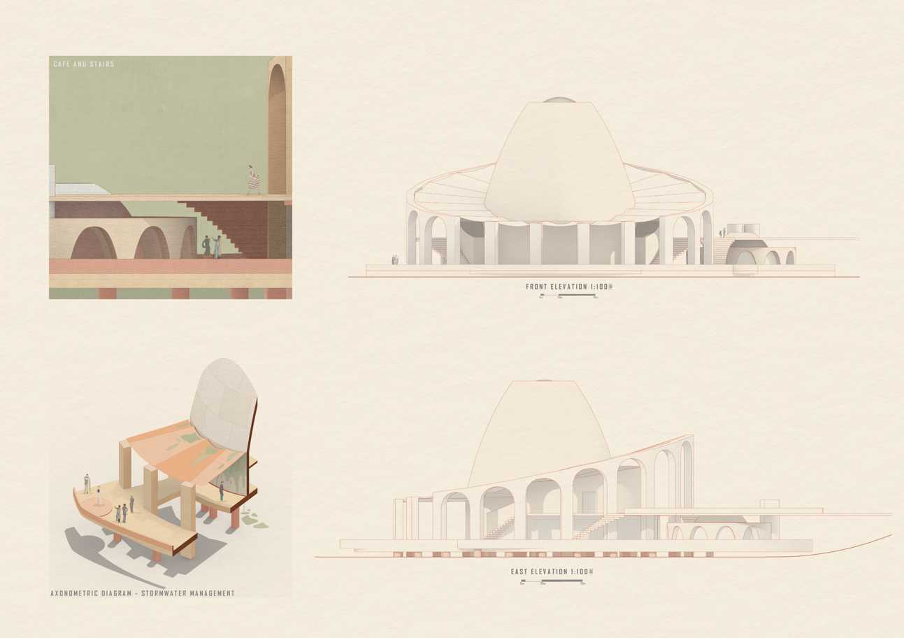 One sectional axonometric diagram and elevation drawings