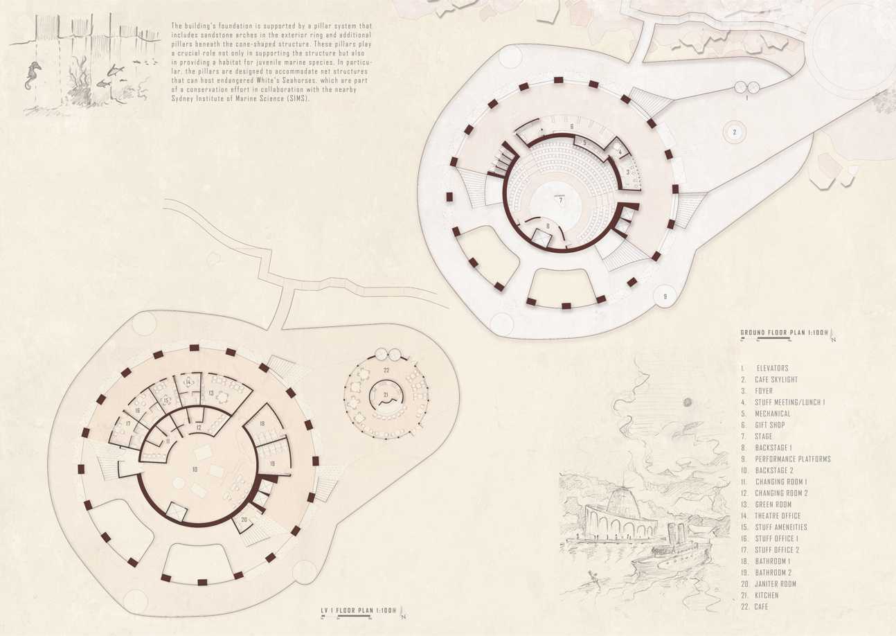 Floor plans and two sketches 