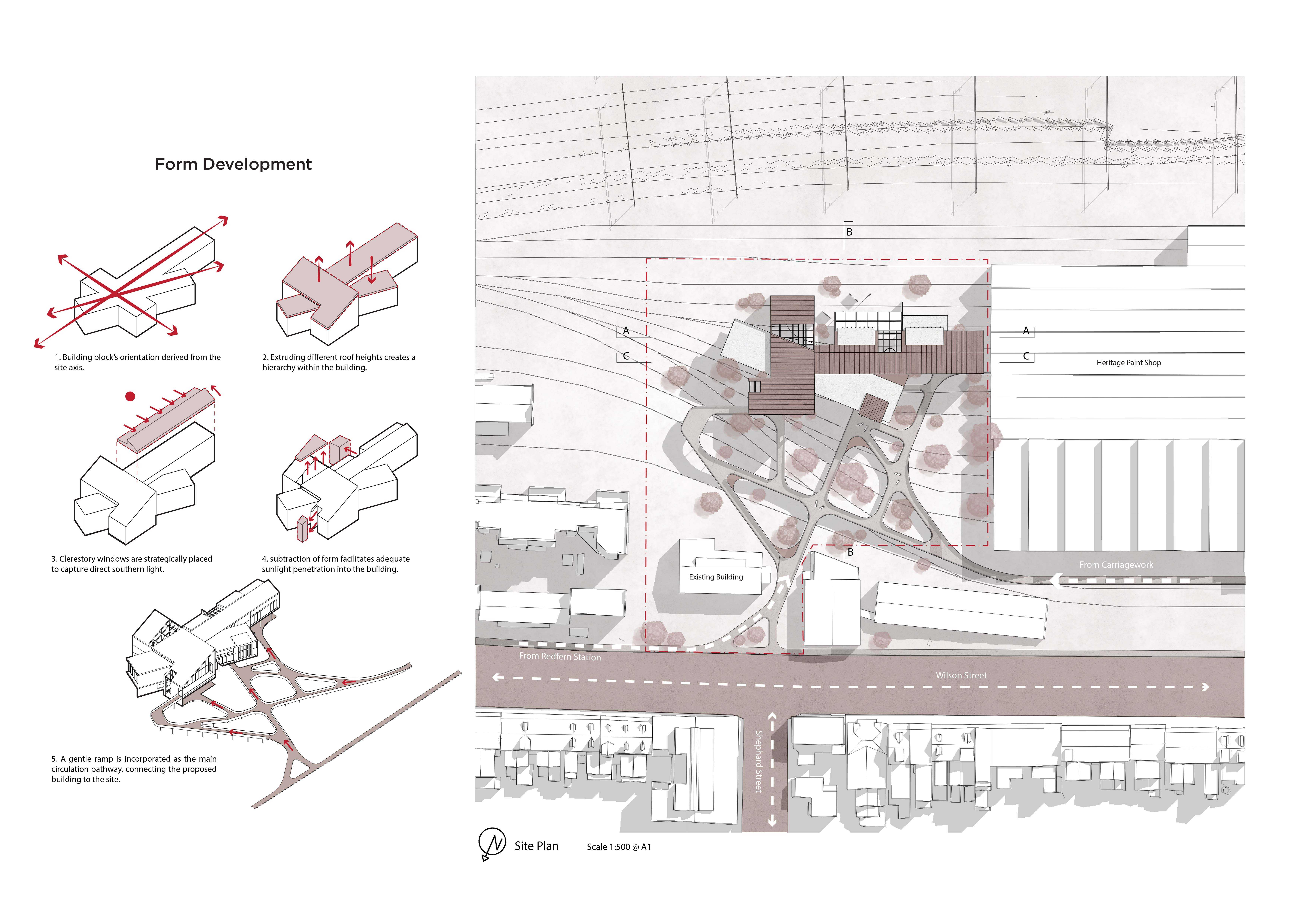 The building's form was shaped by various site factors to enhance its integration and connectivity with the surrounding environment.