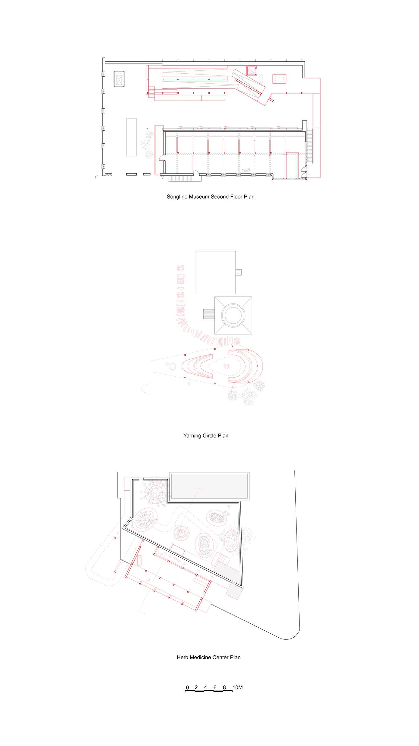 These plans showcase the Songline Museum's second floor, Yarning Circle layout, and Herb Medicine Center. They highlight spaces that integrate cultural storytelling, and communal gathering, emphasizing connection and environmental harmony.