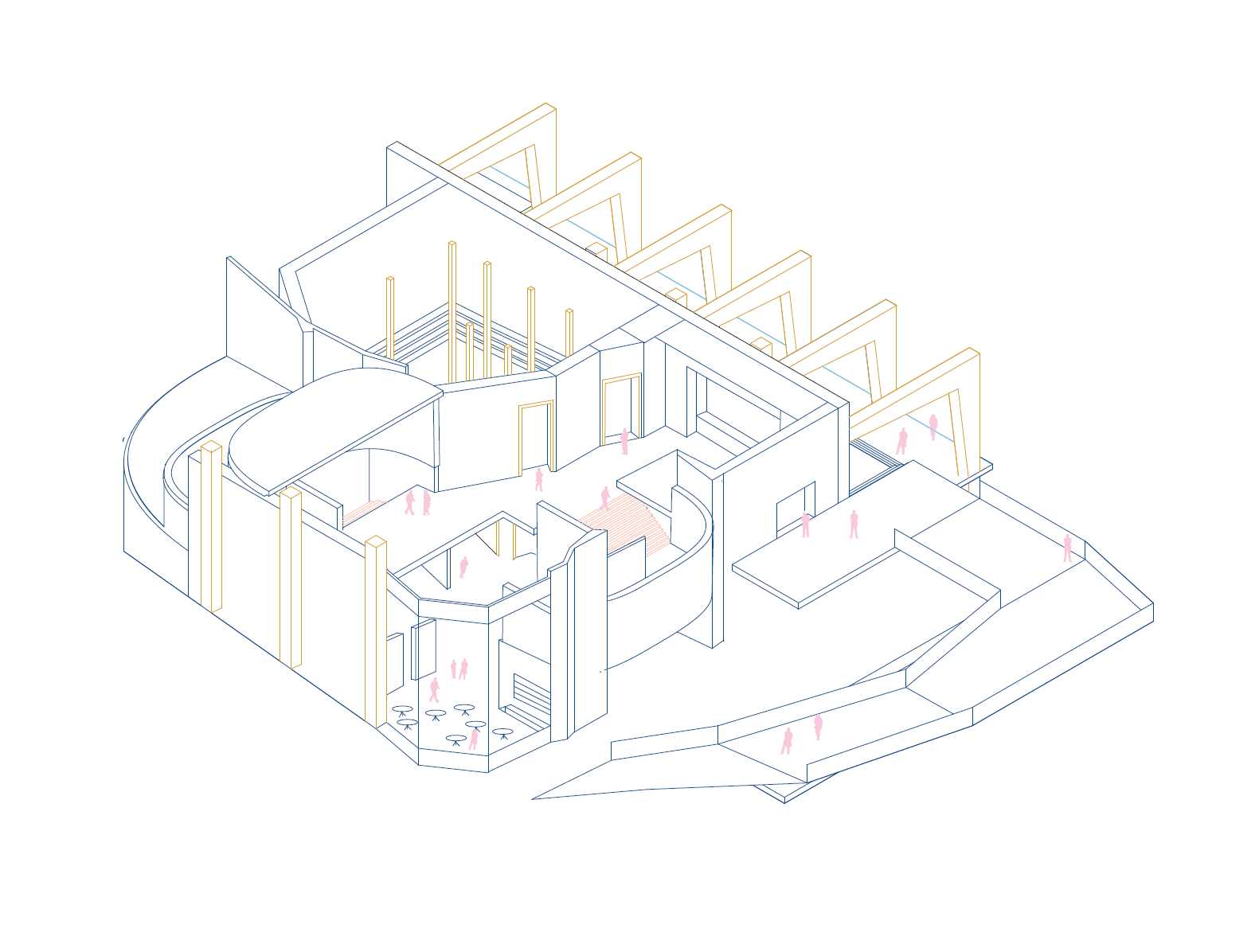 The sectional perspective reveals the building’s architectural depth, connecting its interior spaces to the surrounding landscape. The section showcases the dynamic integration of performance areas, gathering spaces, and scenic views.